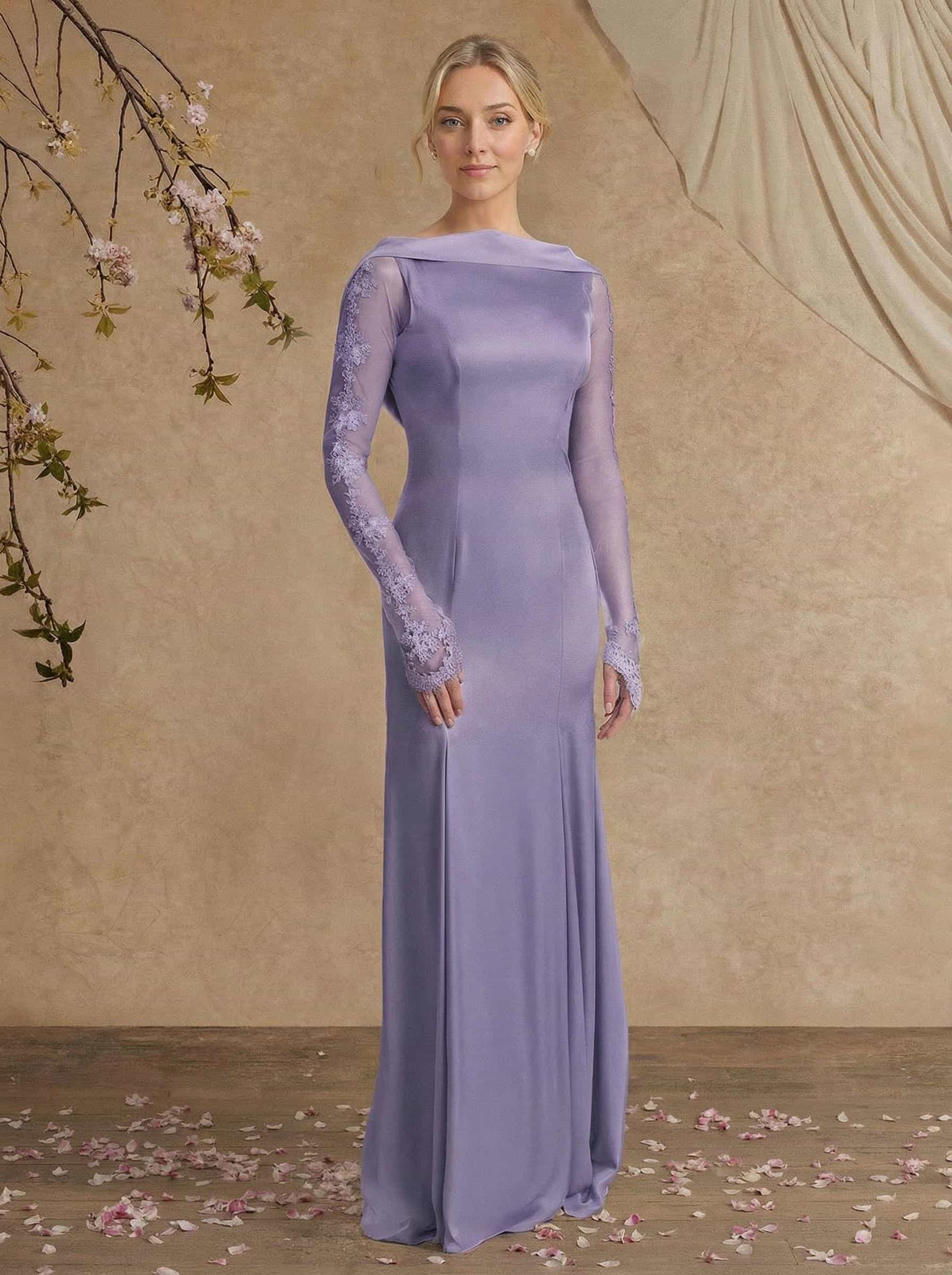 Sheath/Column Long Sleeves Sweep Train Crepe Satin Mother Of The Bride Dresses With Appliques Lace