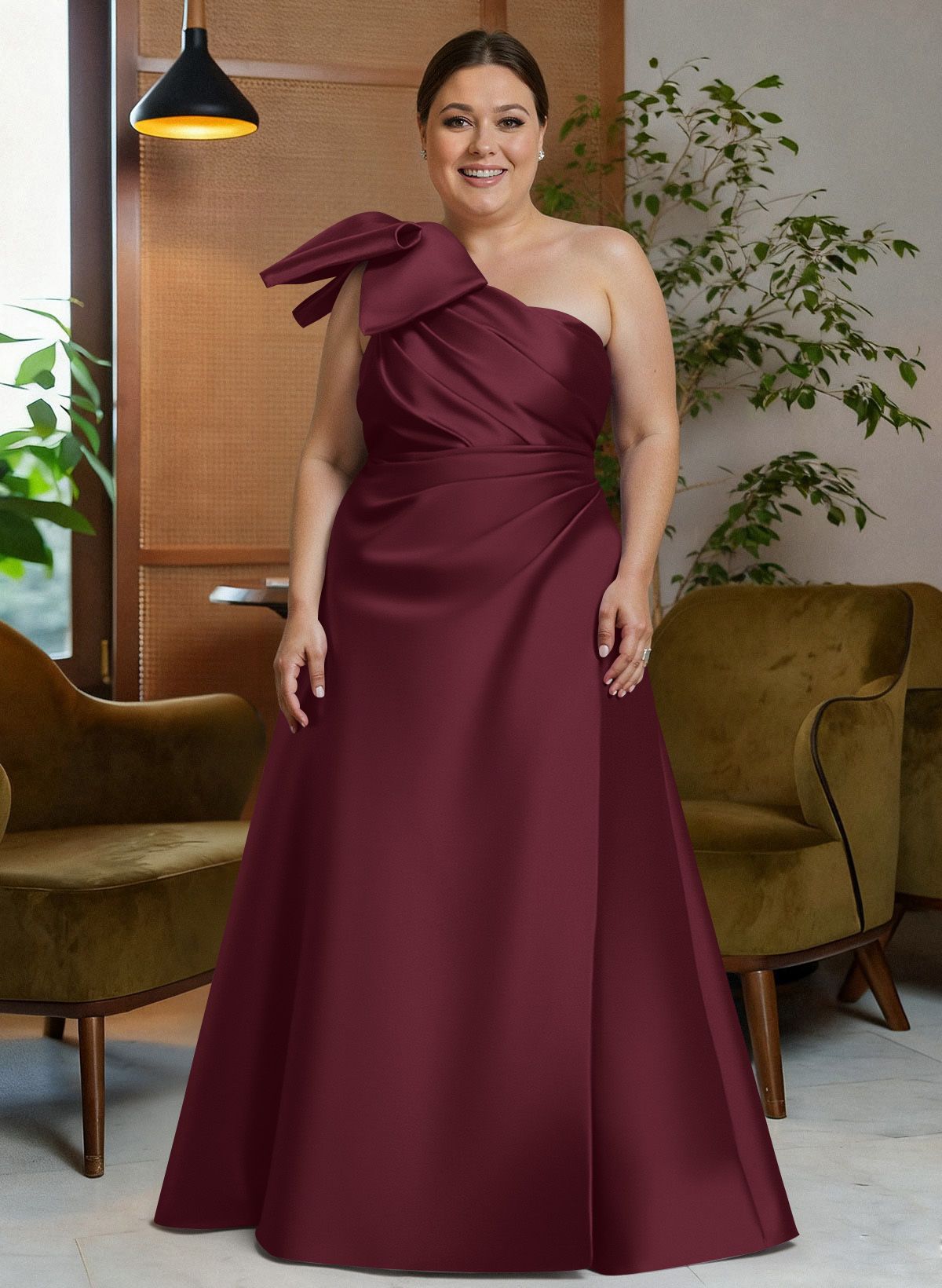 Bow(s) One-Shoulder A-Line Floor-Length Satin Mother Of The Bride Dresses With Pockets, product image 28