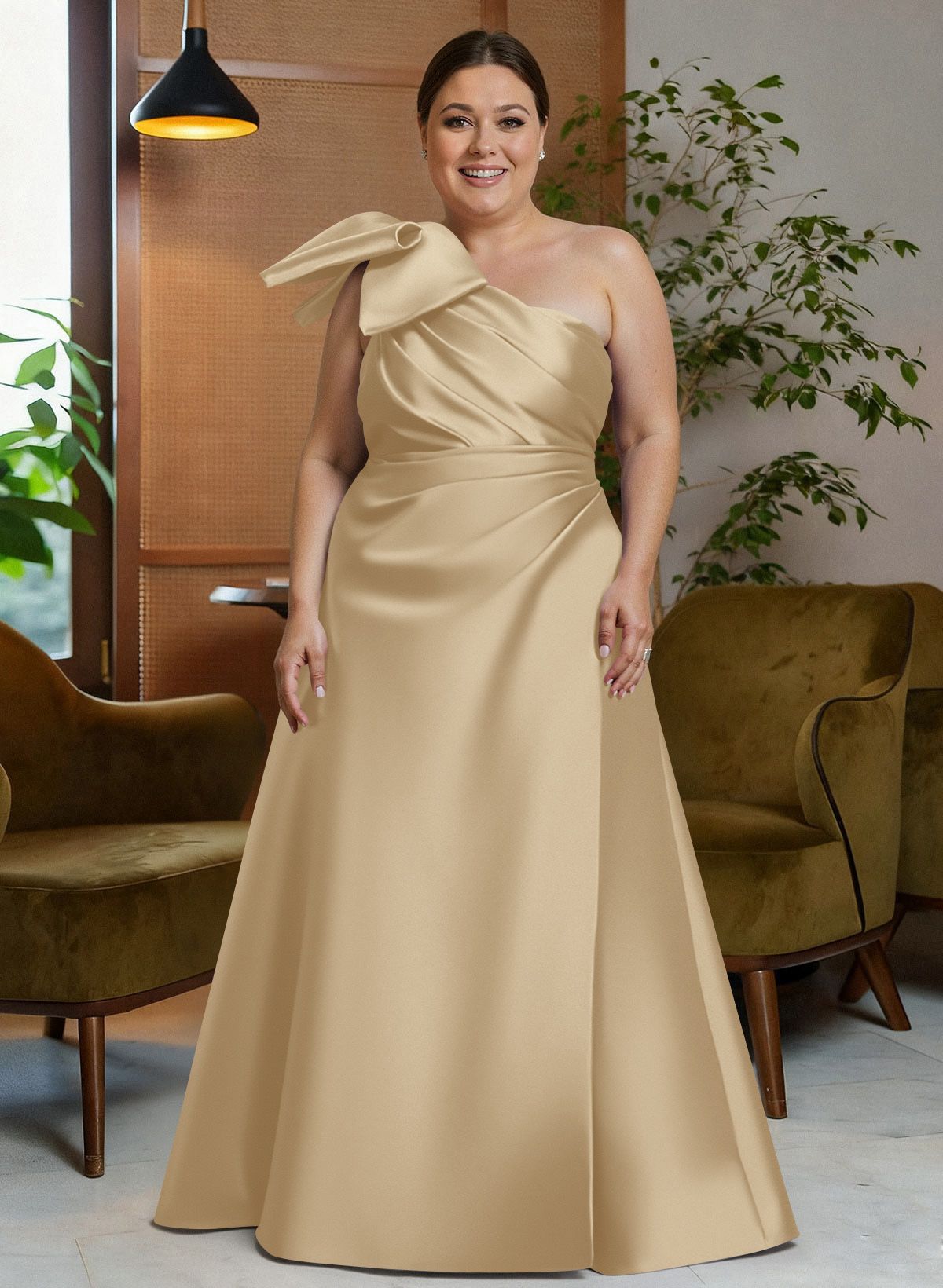 Bow(s) One-Shoulder A-Line Floor-Length Satin Mother Of The Bride Dresses With Pockets, product image 4