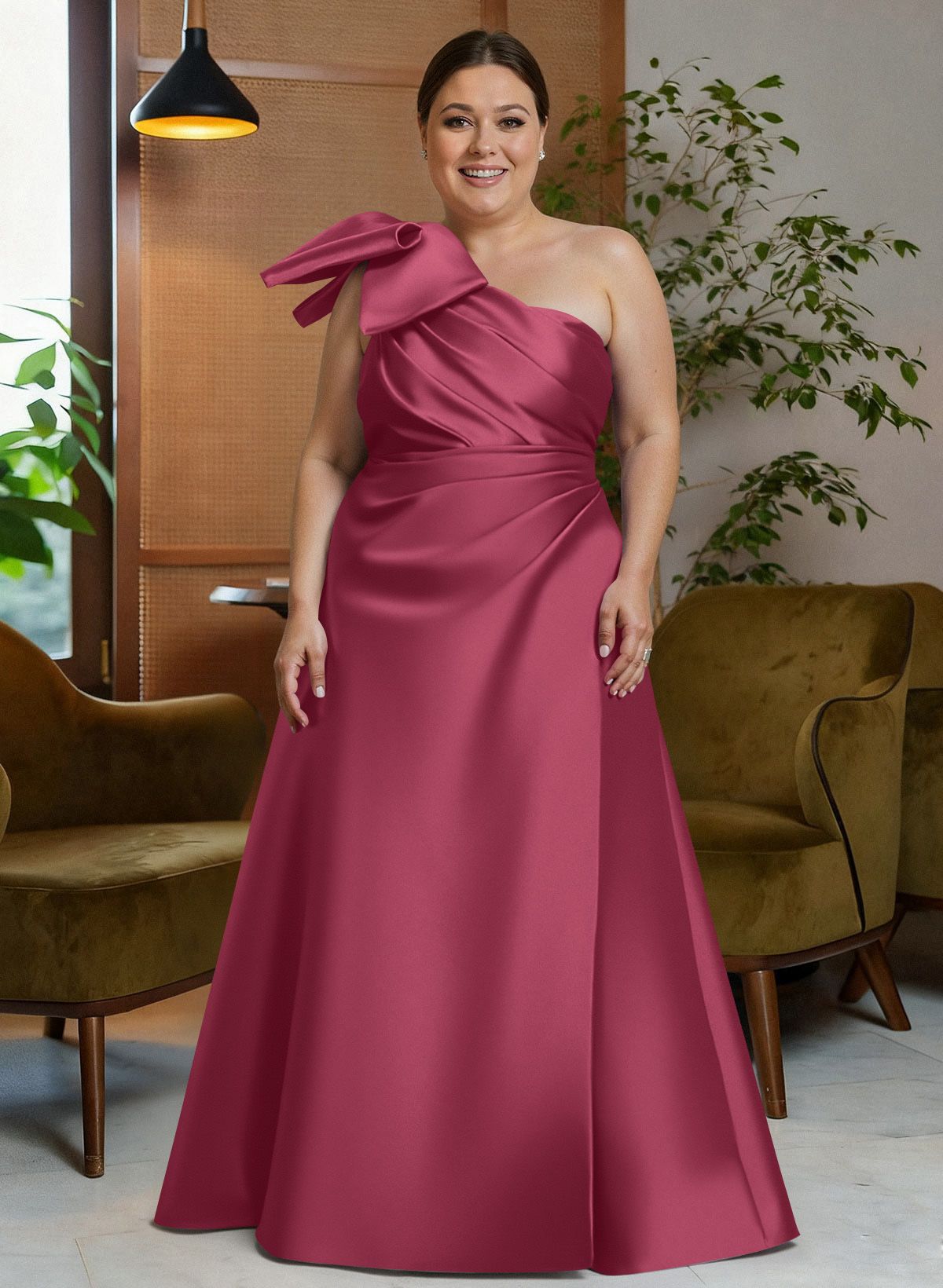 Bow(s) One-Shoulder A-Line Floor-Length Satin Mother Of The Bride Dresses With Pockets, product image 29