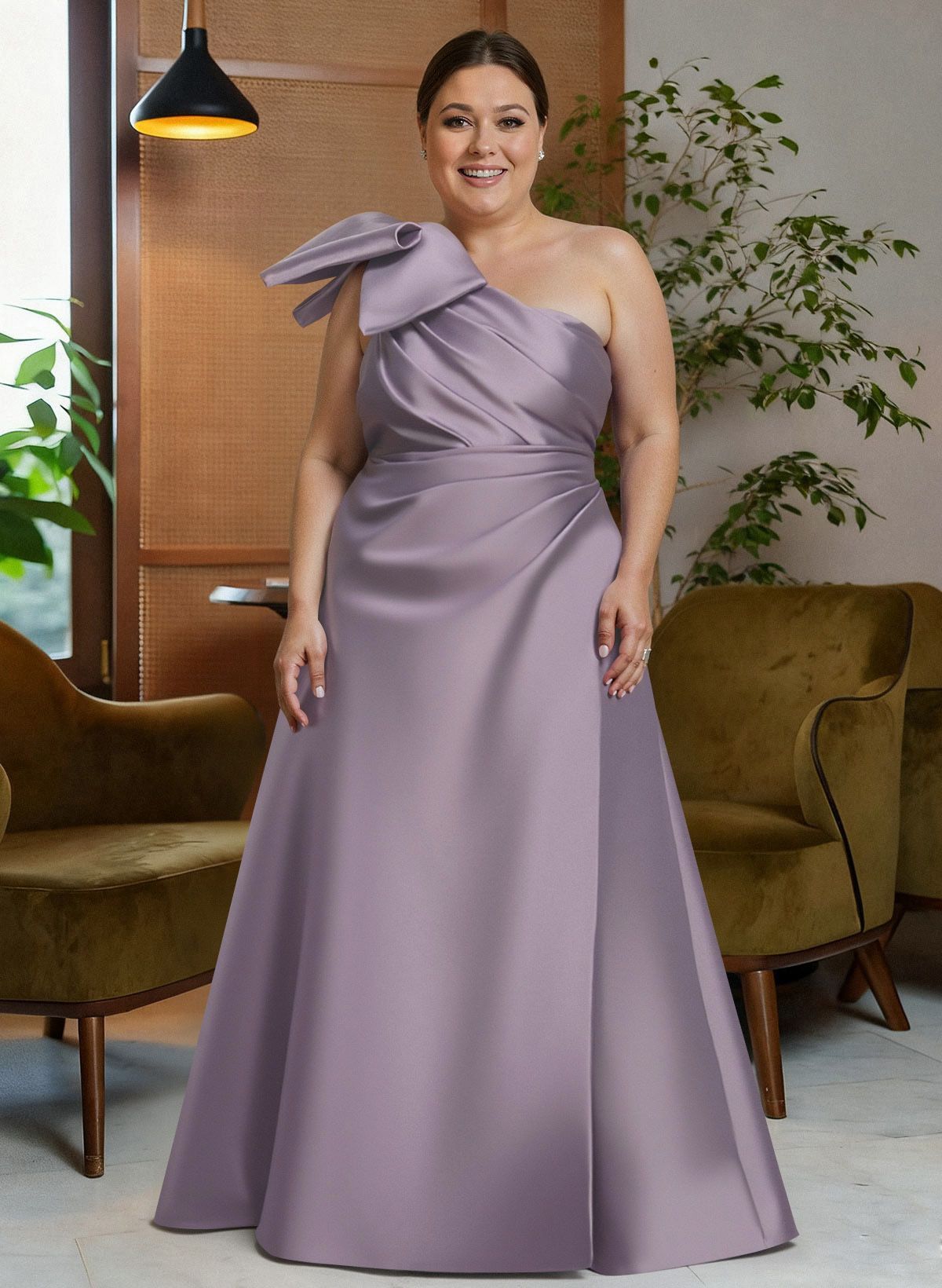 Bow(s) One-Shoulder A-Line Floor-Length Satin Mother Of The Bride Dresses With Pockets in Dusk, US2