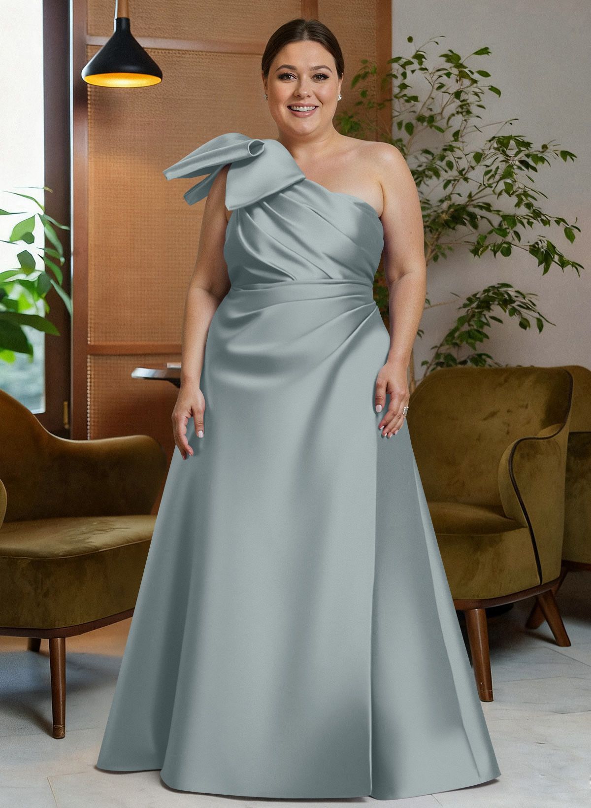 Bow(s) One-Shoulder A-Line Floor-Length Satin Mother Of The Bride Dresses With Pockets, product image 10