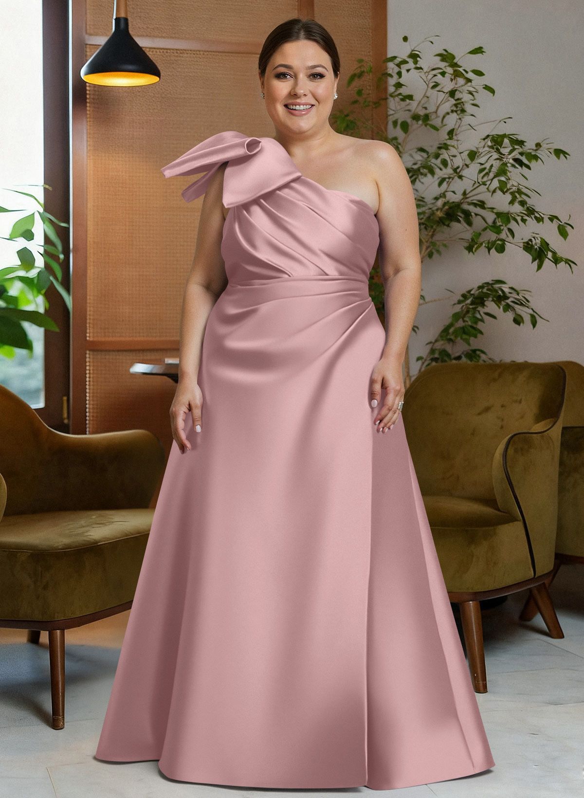 Bow(s) One-Shoulder A-Line Floor-Length Satin Mother Of The Bride Dresses With Pockets, product image 19