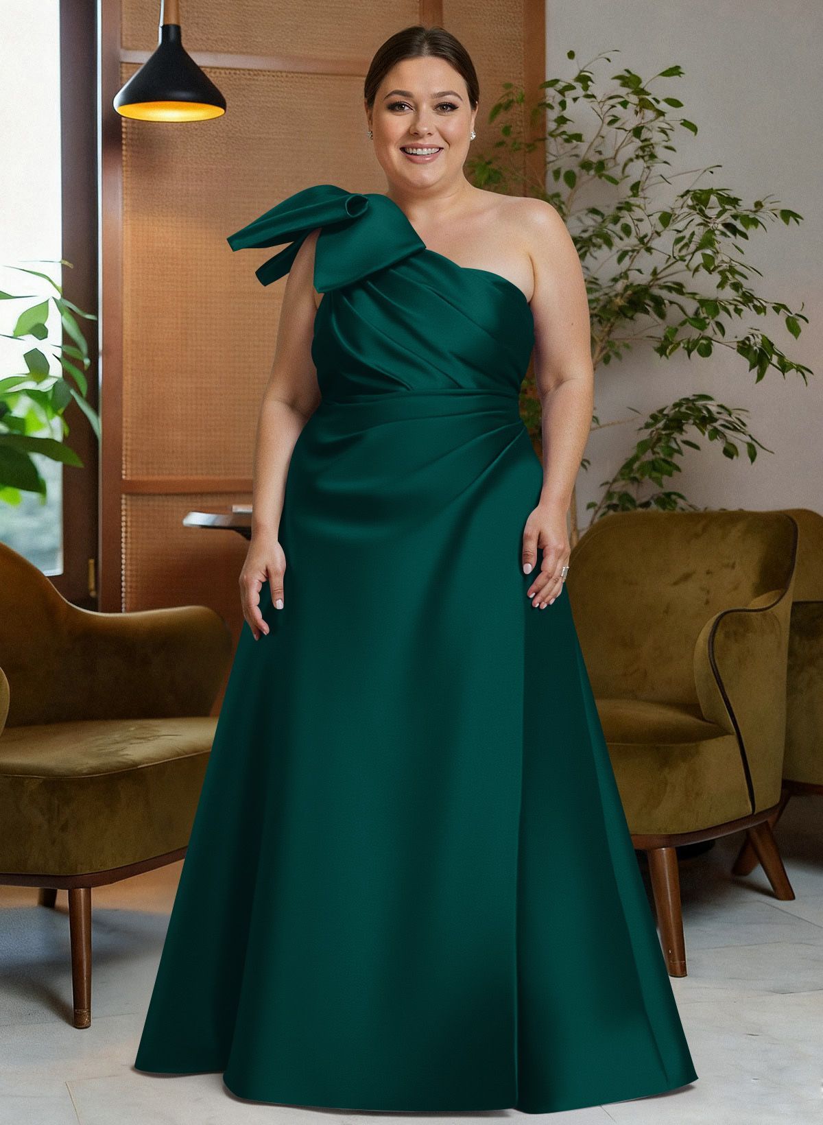 Bow(s) One-Shoulder A-Line Floor-Length Satin Mother Of The Bride Dresses With Pockets, product image 34