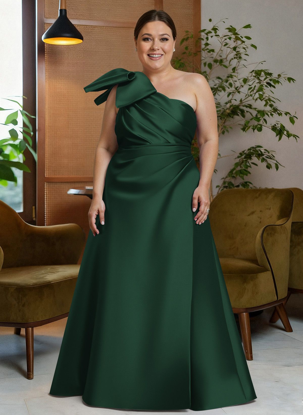 Bow(s) One-Shoulder A-Line Floor-Length Satin Mother Of The Bride Dresses With Pockets, product image 33