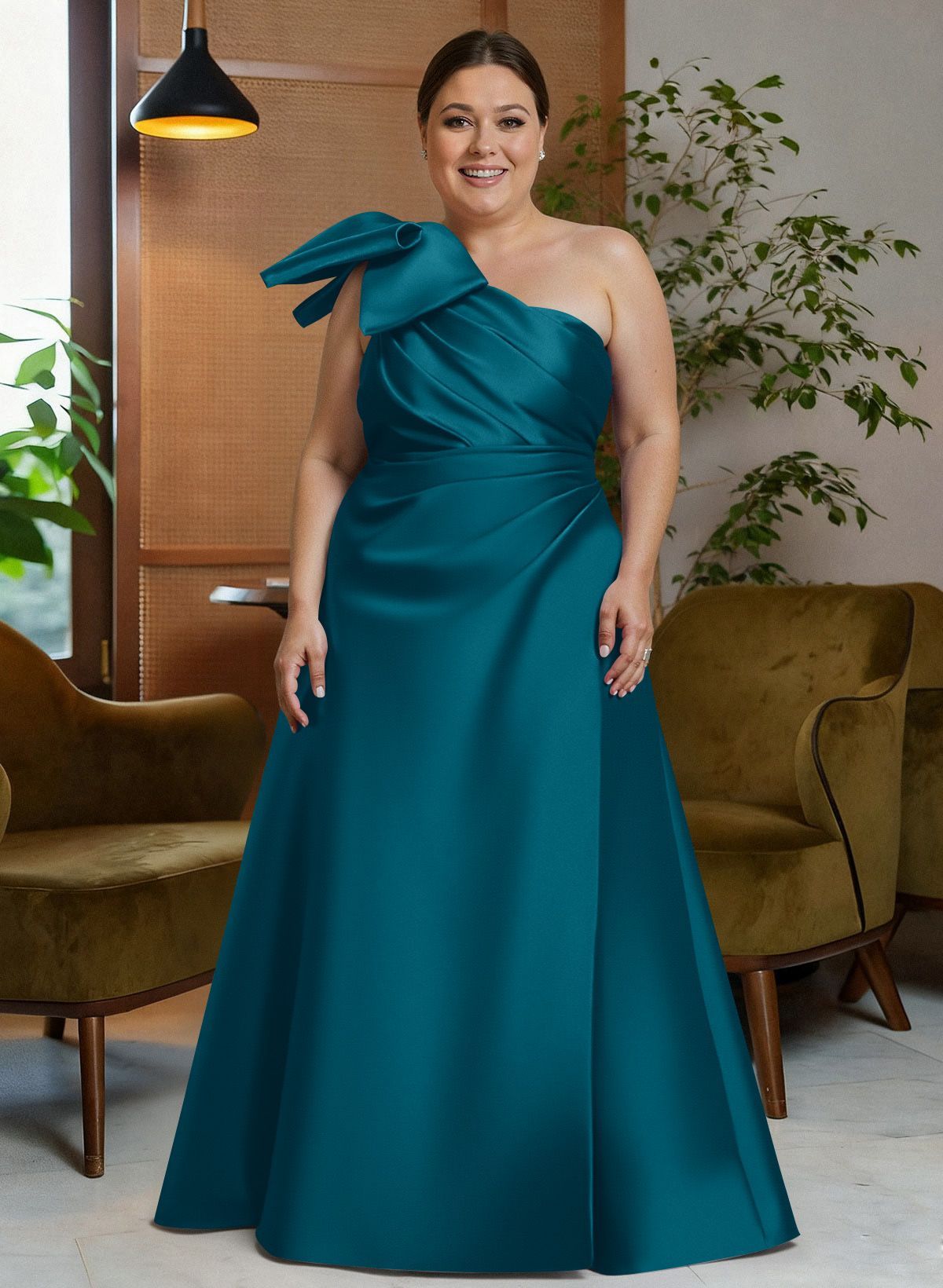 Bow(s) One-Shoulder A-Line Floor-Length Satin Mother Of The Bride Dresses With Pockets, product image 12