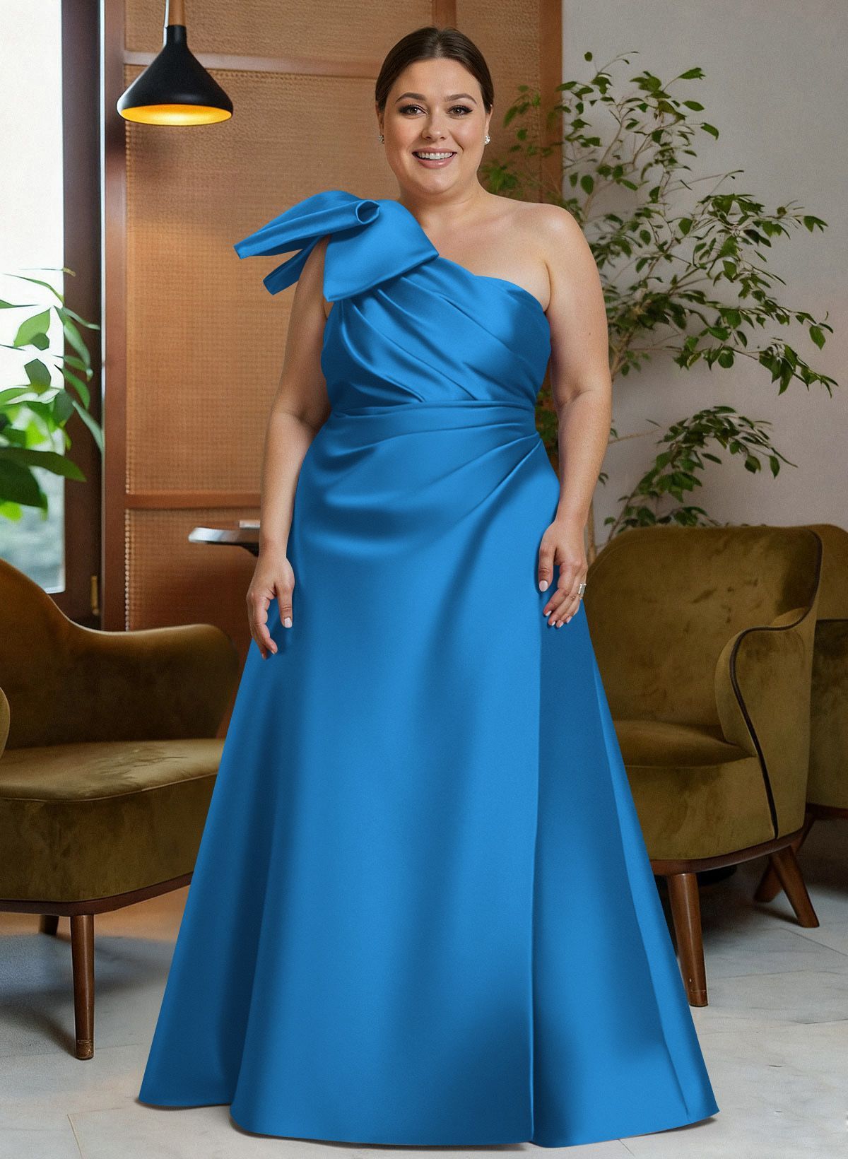 Bow(s) One-Shoulder A-Line Floor-Length Satin Mother Of The Bride Dresses With Pockets, product image 14