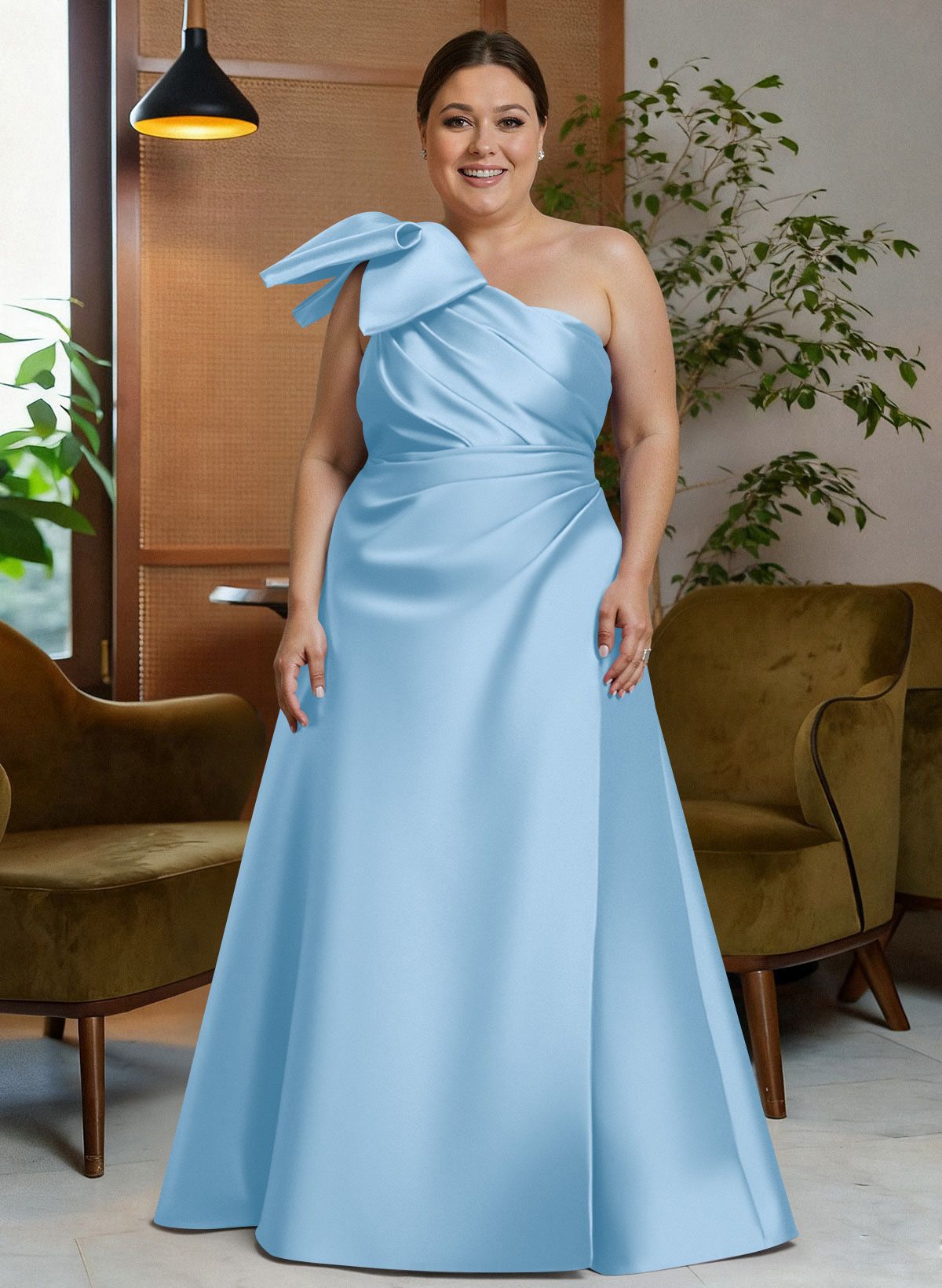 Bow(s) One-Shoulder A-Line Floor-Length Satin Mother Of The Bride Dresses With Pockets, product image 11