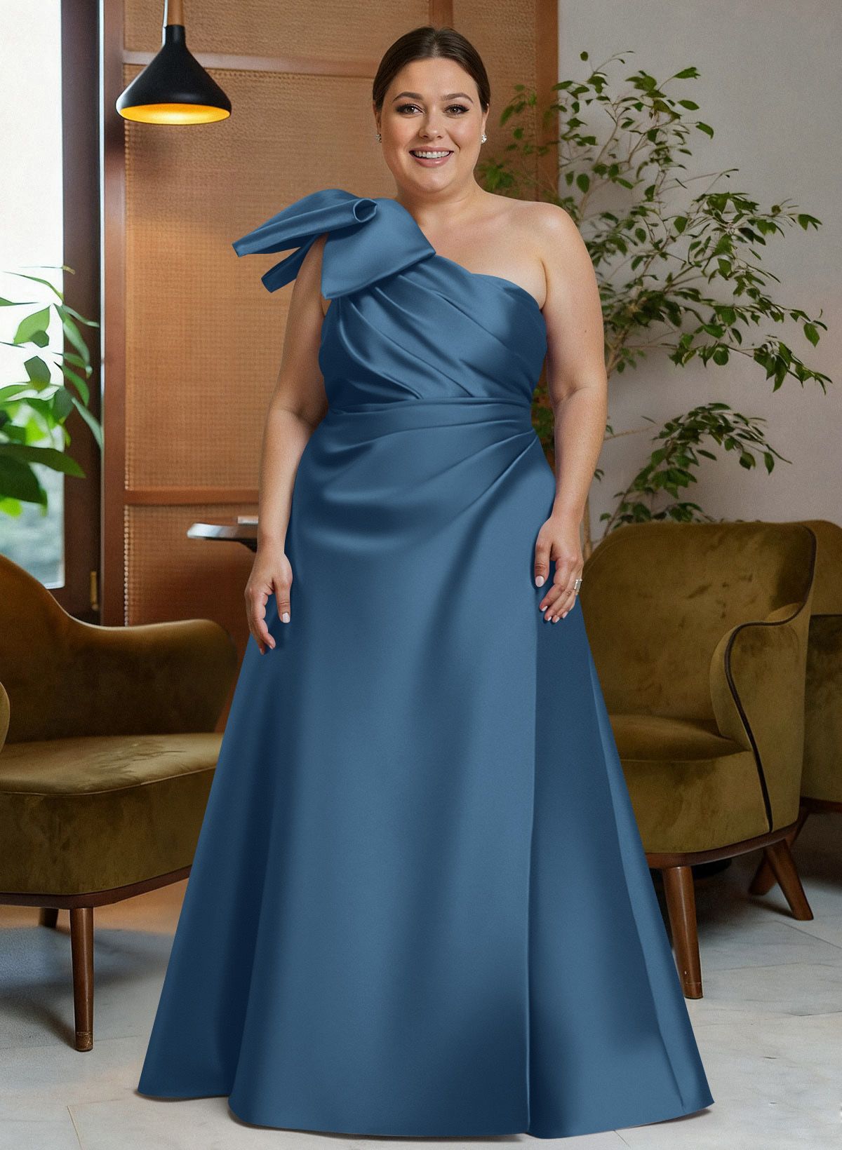 Bow(s) One-Shoulder A-Line Floor-Length Satin Mother Of The Bride Dresses With Pockets, product image 8