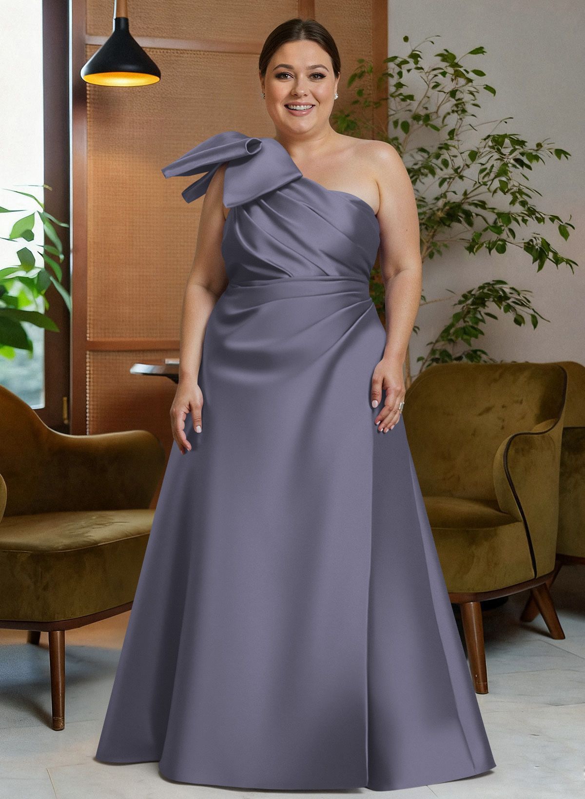 Bow(s) One-Shoulder A-Line Floor-Length Satin Mother Of The Bride Dresses With Pockets, product image 9