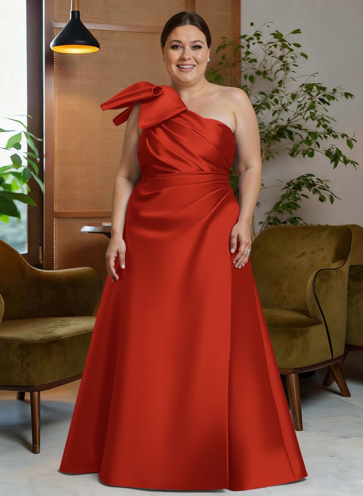 Bow(s) One-Shoulder A-Line Floor-Length Satin Mother Of The Bride Dresses With Pockets, product image 31