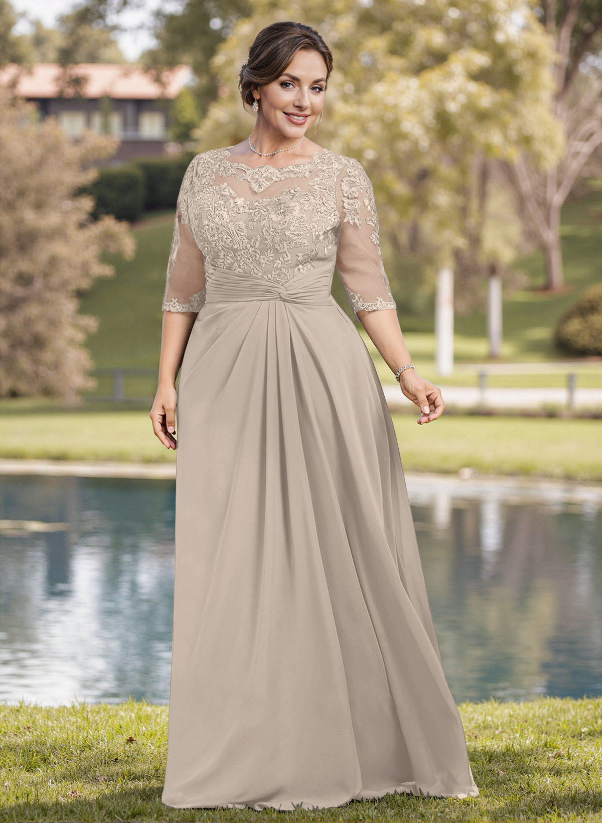 A-Line Illusion Neck 1/2 Sleeves Chiffon Mother Of The Bride Dresses With Appliques Lace