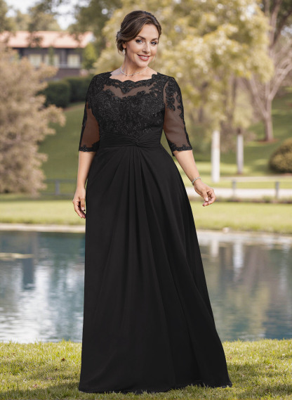 A-Line Illusion Neck 1/2 Sleeves Chiffon Mother Of The Bride Dresses With Appliques Lace