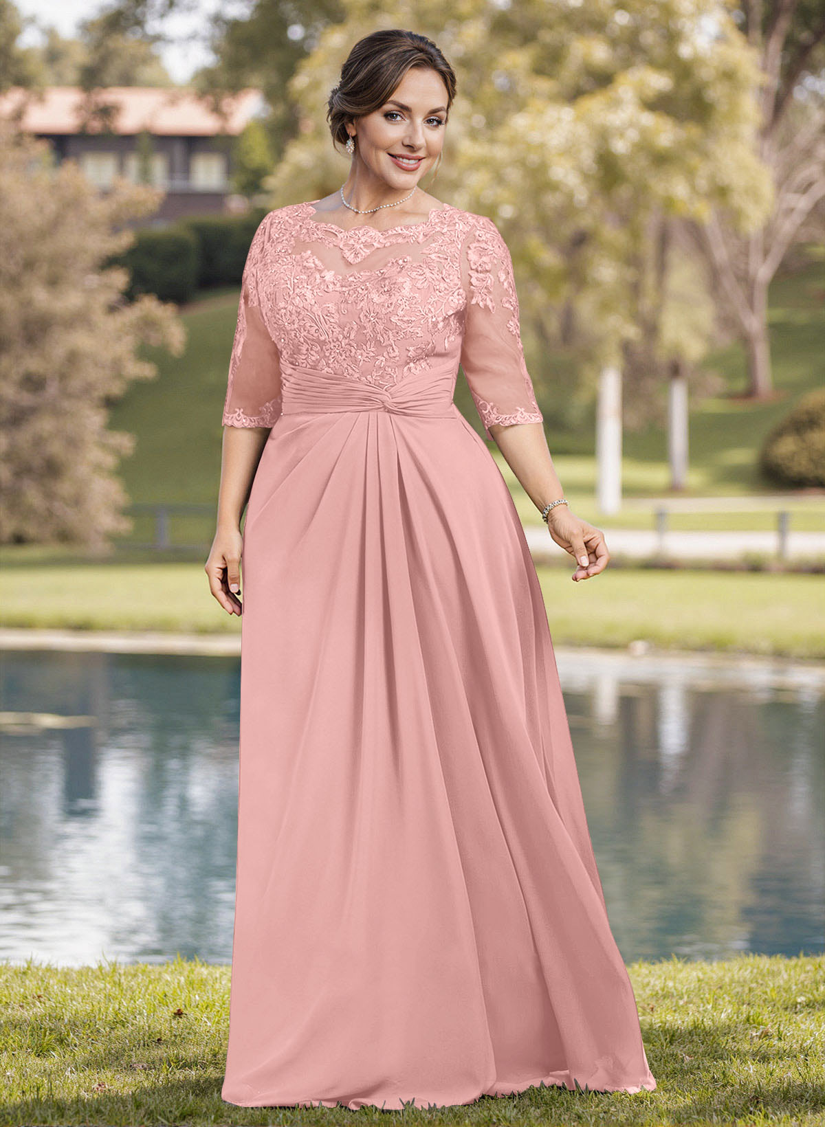 A-Line Illusion Neck 1/2 Sleeves Chiffon Mother Of The Bride Dresses With Appliques Lace