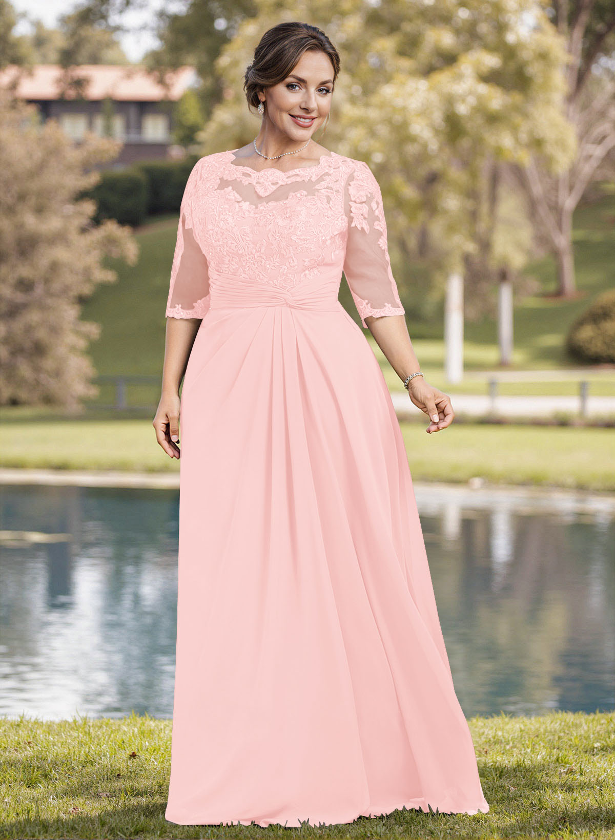 A-Line Illusion Neck 1/2 Sleeves Chiffon Mother Of The Bride Dresses With Appliques Lace