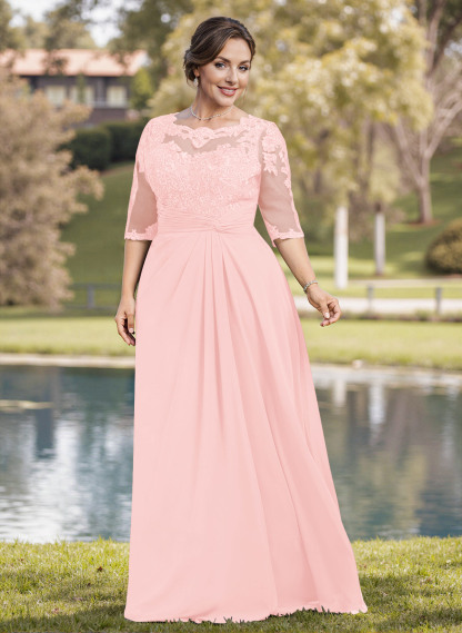 A-Line Illusion Neck 1/2 Sleeves Chiffon Mother Of The Bride Dresses With Appliques Lace