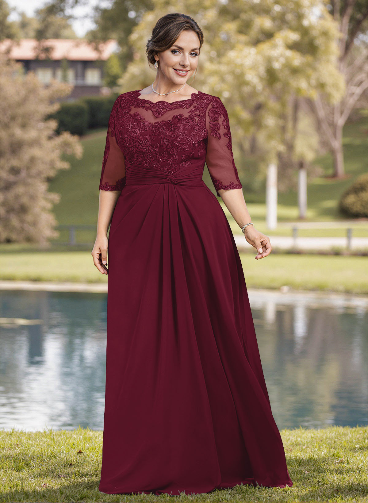 A-Line Illusion Neck 1/2 Sleeves Chiffon Mother Of The Bride Dresses With Appliques Lace