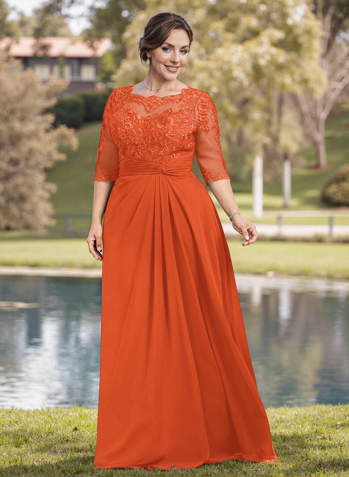 A-Line Illusion Neck 1/2 Sleeves Chiffon Mother Of The Bride Dresses With Appliques Lace