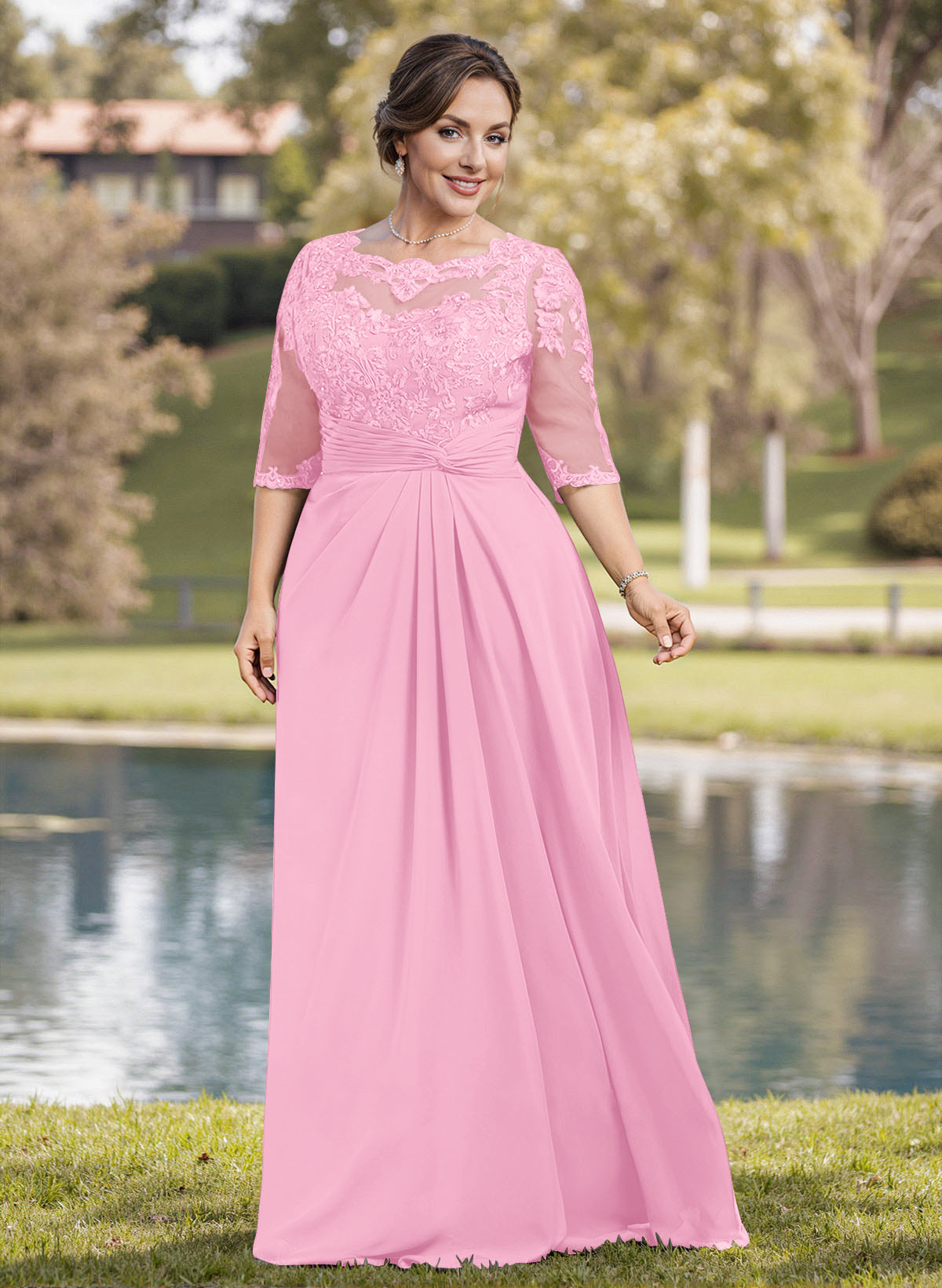 A-Line Illusion Neck 1/2 Sleeves Chiffon Mother Of The Bride Dresses With Appliques Lace