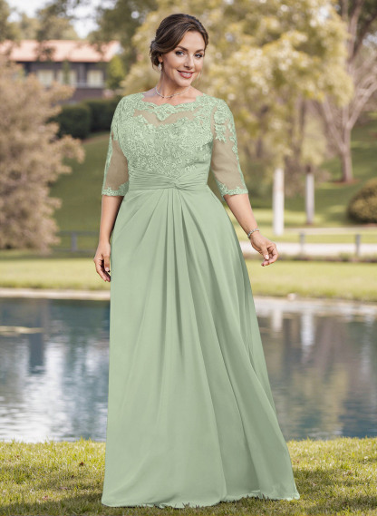 A-Line Illusion Neck 1/2 Sleeves Chiffon Mother Of The Bride Dresses With Appliques Lace