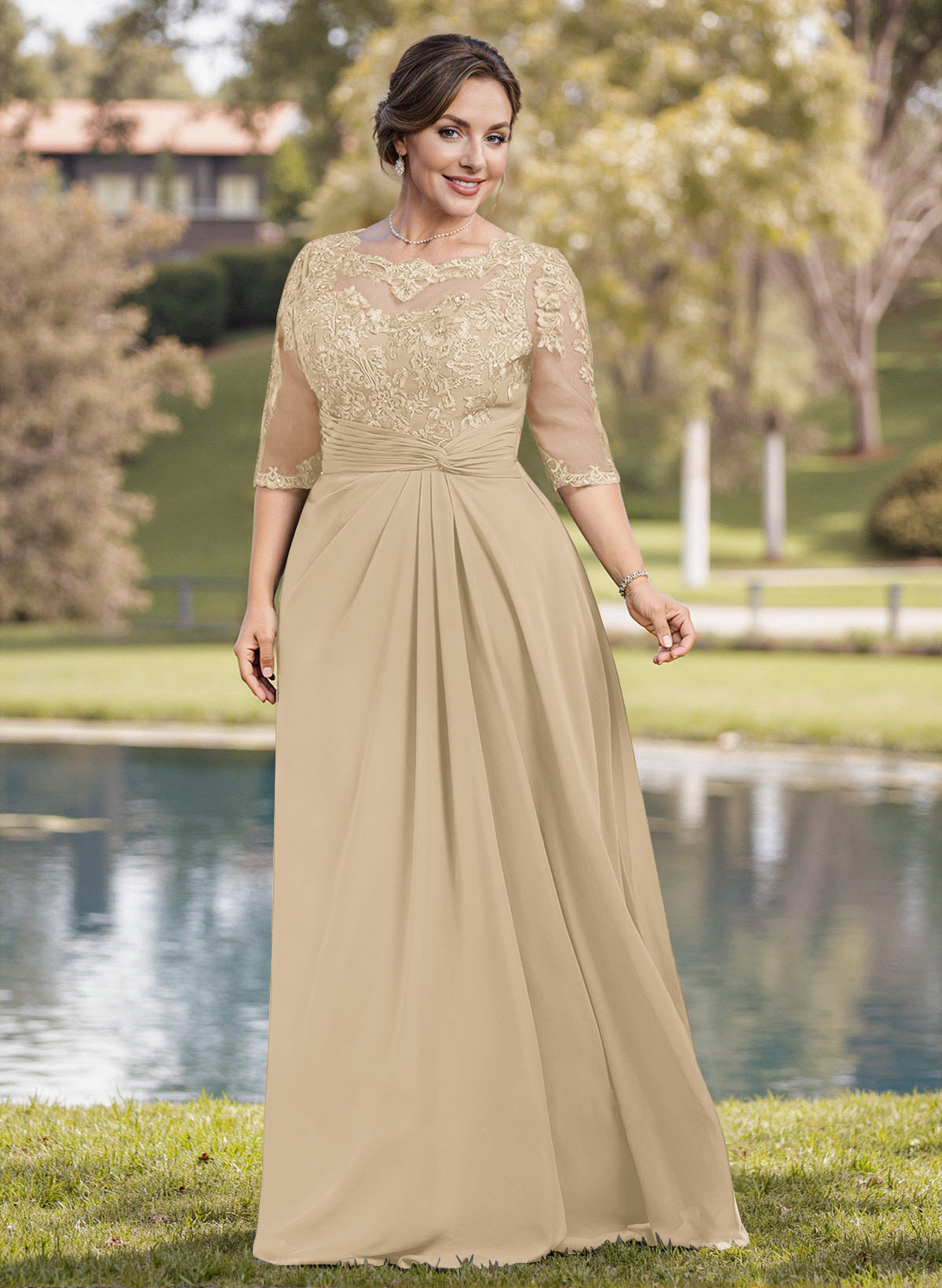 A-Line Illusion Neck 1/2 Sleeves Chiffon Mother Of The Bride Dresses With Appliques Lace
