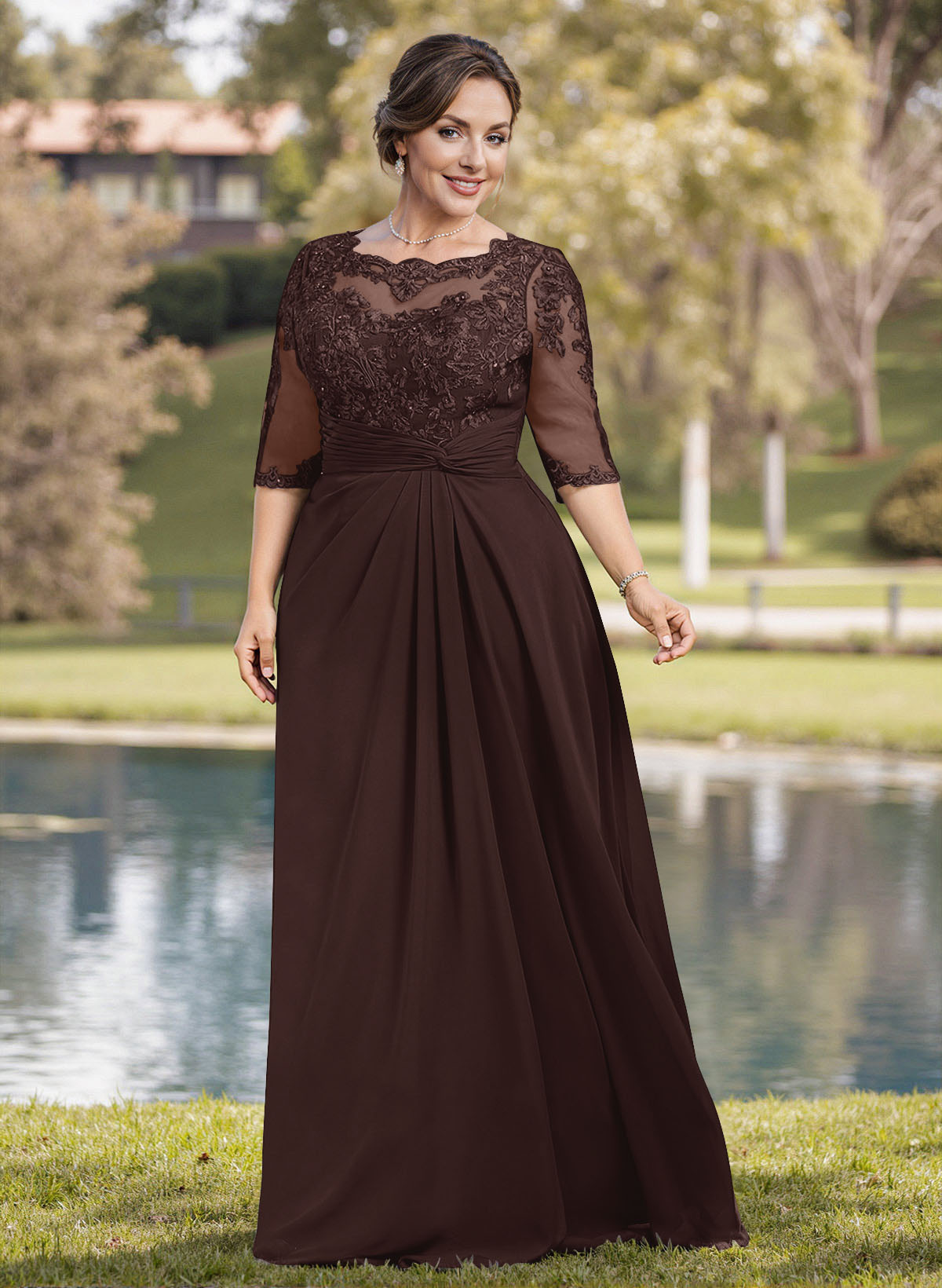 A-Line Illusion Neck 1/2 Sleeves Chiffon Mother Of The Bride Dresses With Appliques Lace