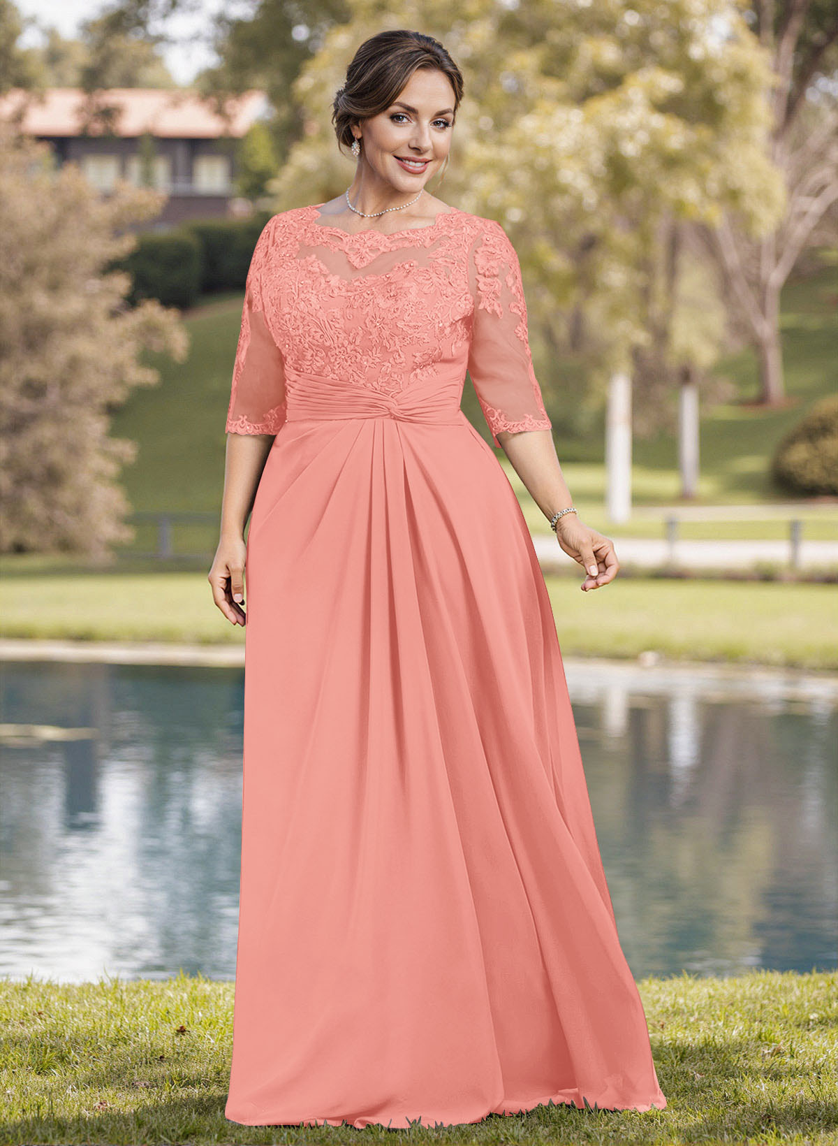 A-Line Illusion Neck 1/2 Sleeves Chiffon Mother Of The Bride Dresses With Appliques Lace