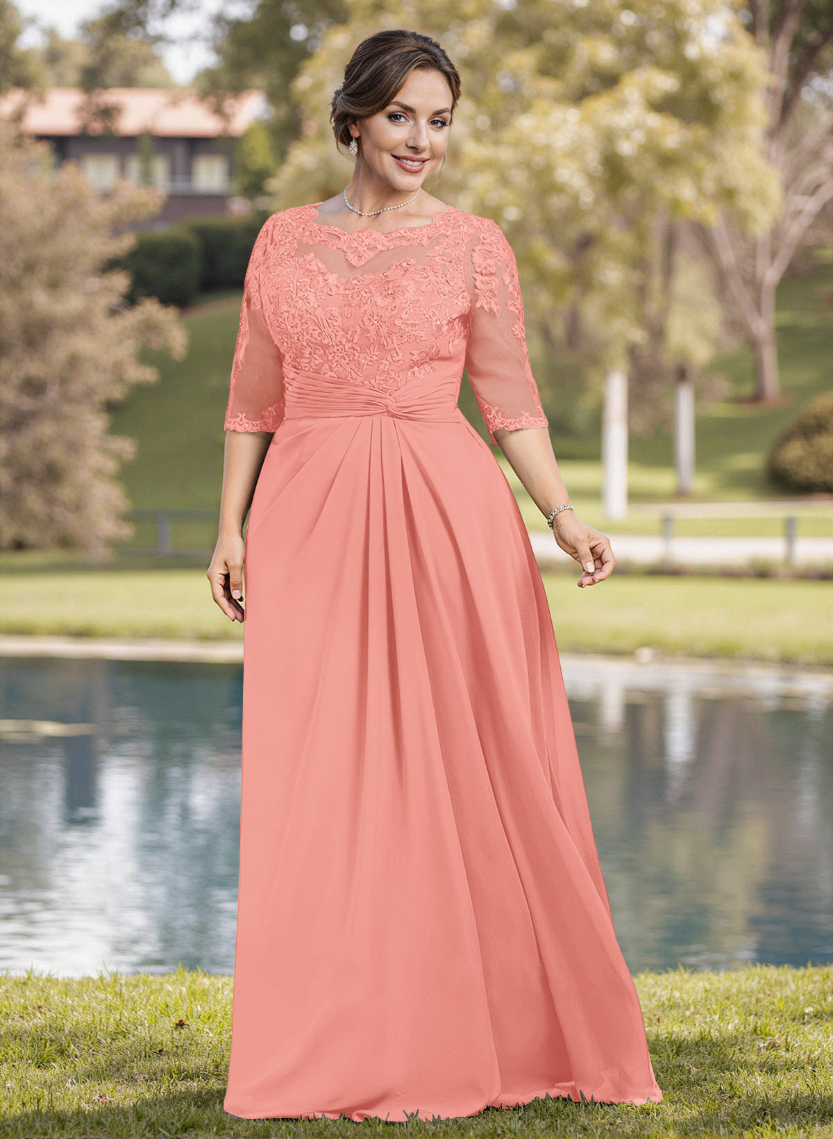 A-Line Illusion Neck 1/2 Sleeves Chiffon Mother Of The Bride Dresses With Appliques Lace