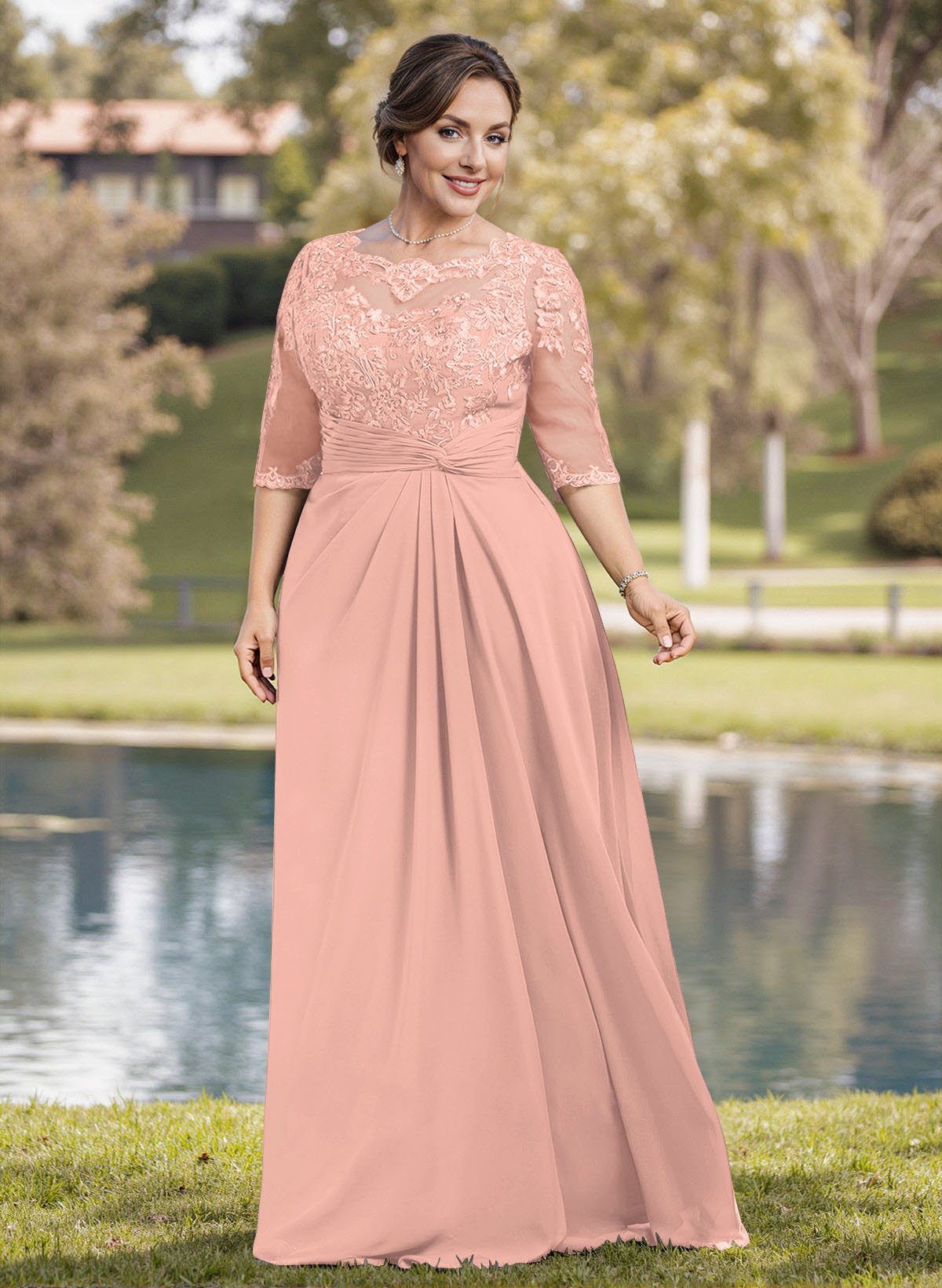A-Line Illusion Neck 1/2 Sleeves Chiffon Mother Of The Bride Dresses With Appliques Lace