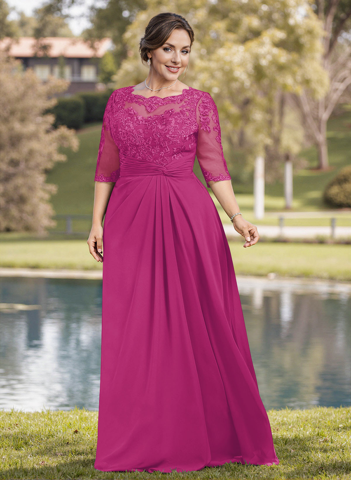 A-Line Illusion Neck 1/2 Sleeves Chiffon Mother Of The Bride Dresses With Appliques Lace