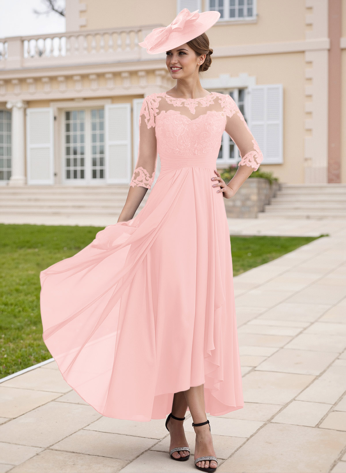 Elegant Illusion Neck A-Line Ankle-Length Lace/Chiffon Mother Of The Bride Dresses
