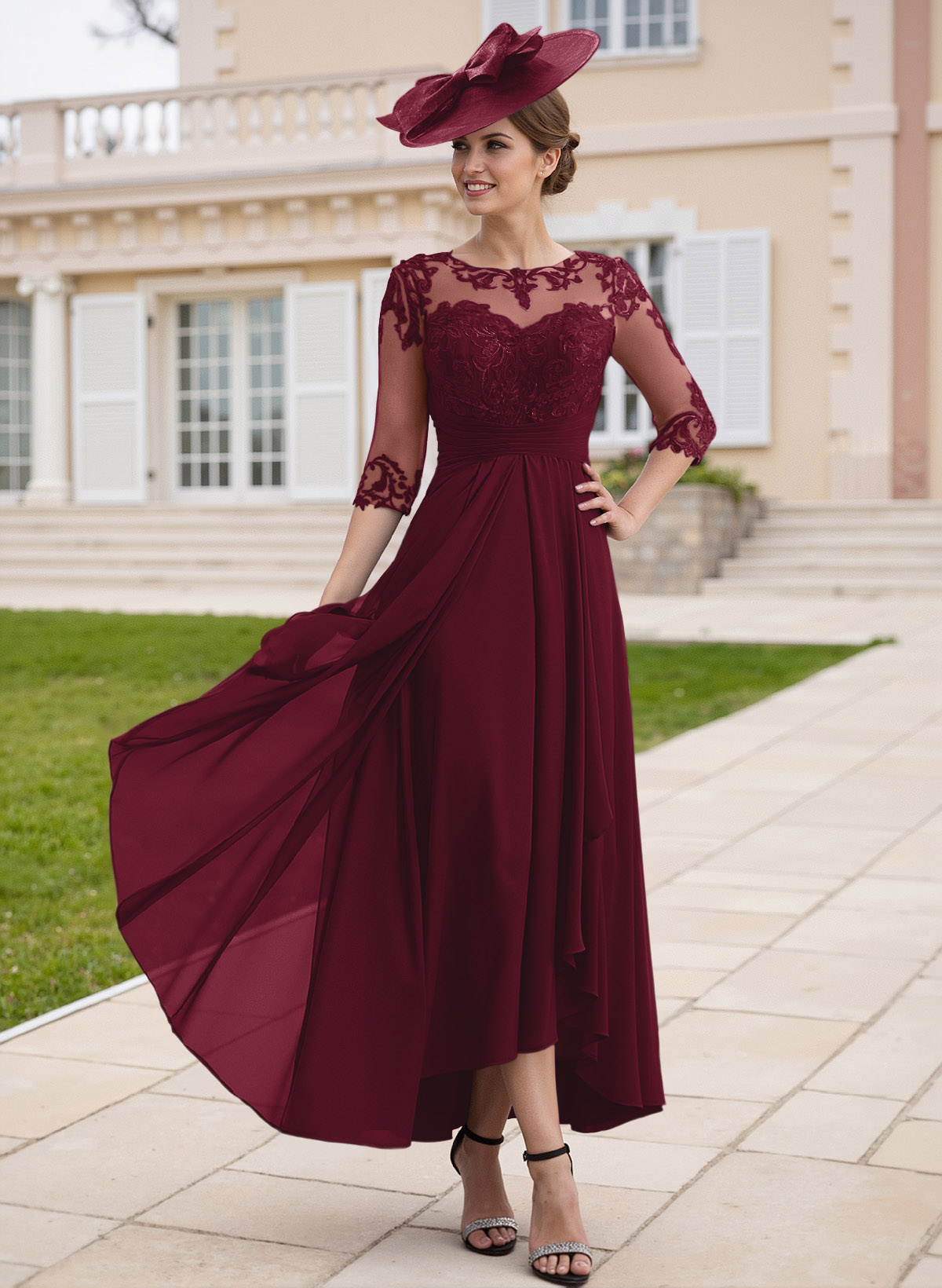 Elegant Illusion Neck A-Line Ankle-Length Lace/Chiffon Mother Of The Bride Dresses