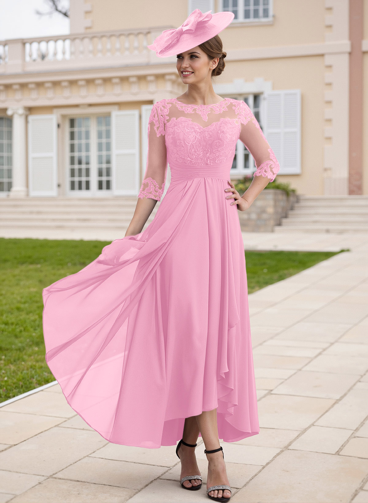 Elegant Illusion Neck A-Line Ankle-Length Lace/Chiffon Mother Of The Bride Dresses
