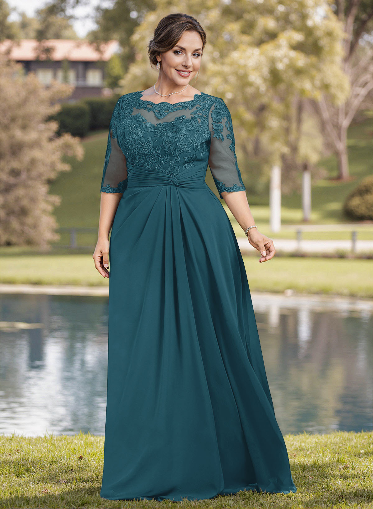 A-Line Illusion Neck 1/2 Sleeves Chiffon Mother Of The Bride Dresses With Appliques Lace
