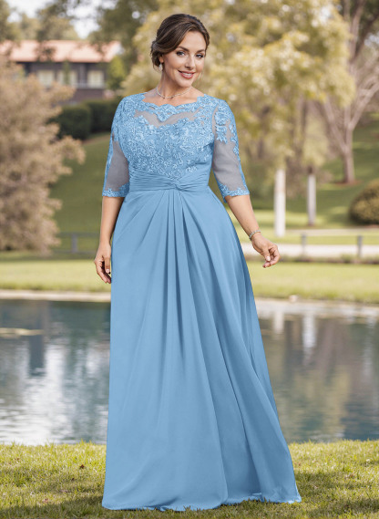 A-Line Illusion Neck 1/2 Sleeves Chiffon Mother Of The Bride Dresses With Appliques Lace