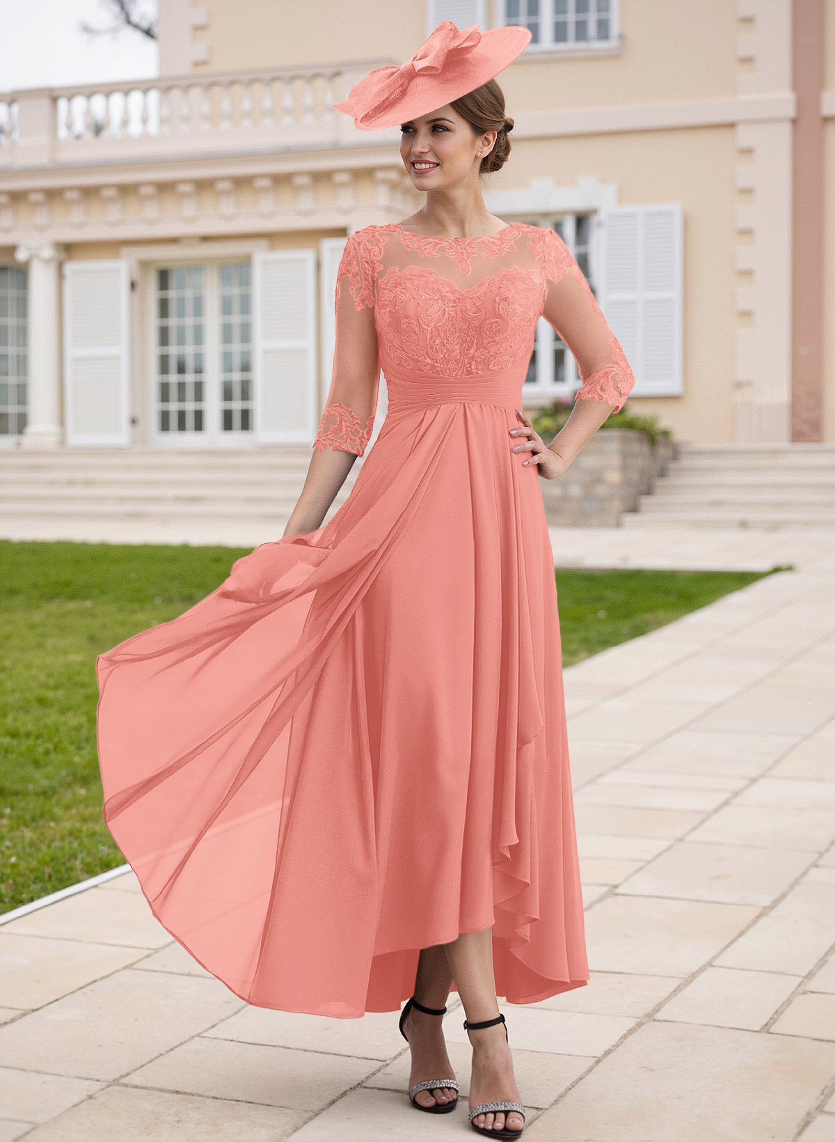 Elegant Illusion Neck A-Line Ankle-Length Lace/Chiffon Mother Of The Bride Dresses