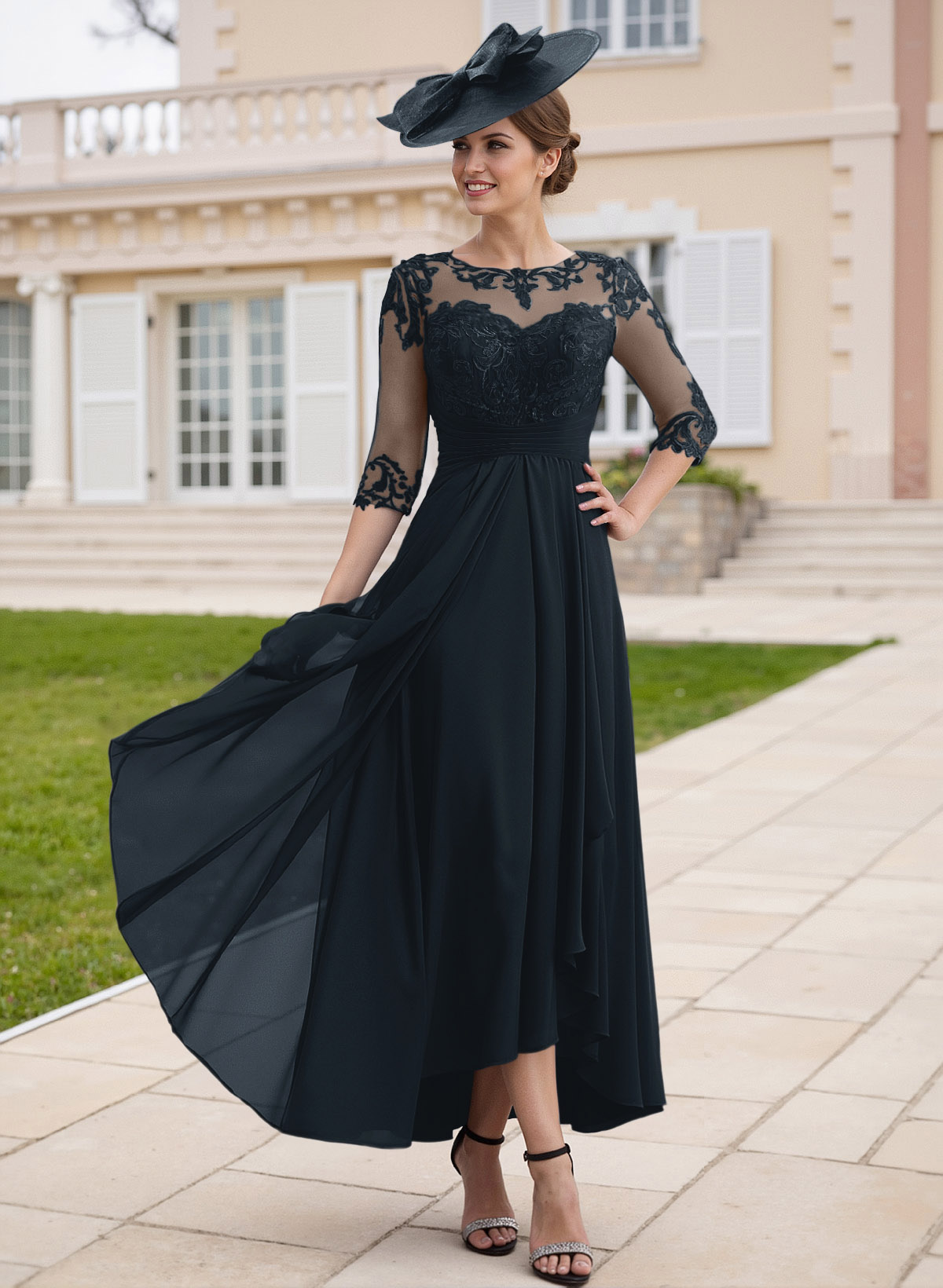 Elegant Illusion Neck A-Line Ankle-Length Lace/Chiffon Mother Of The Bride Dresses