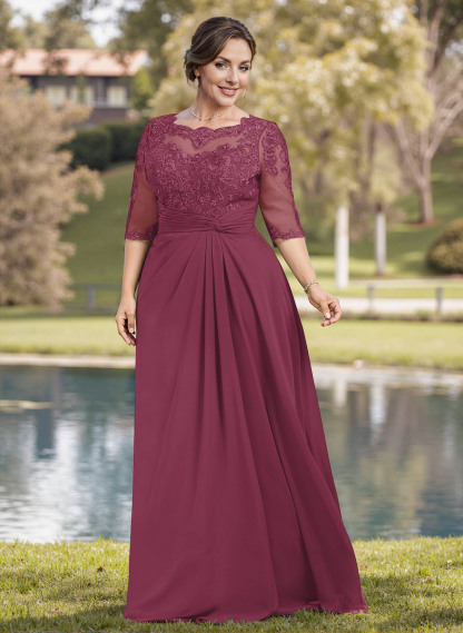 A-Line Illusion Neck 1/2 Sleeves Chiffon Mother Of The Bride Dresses With Appliques Lace
