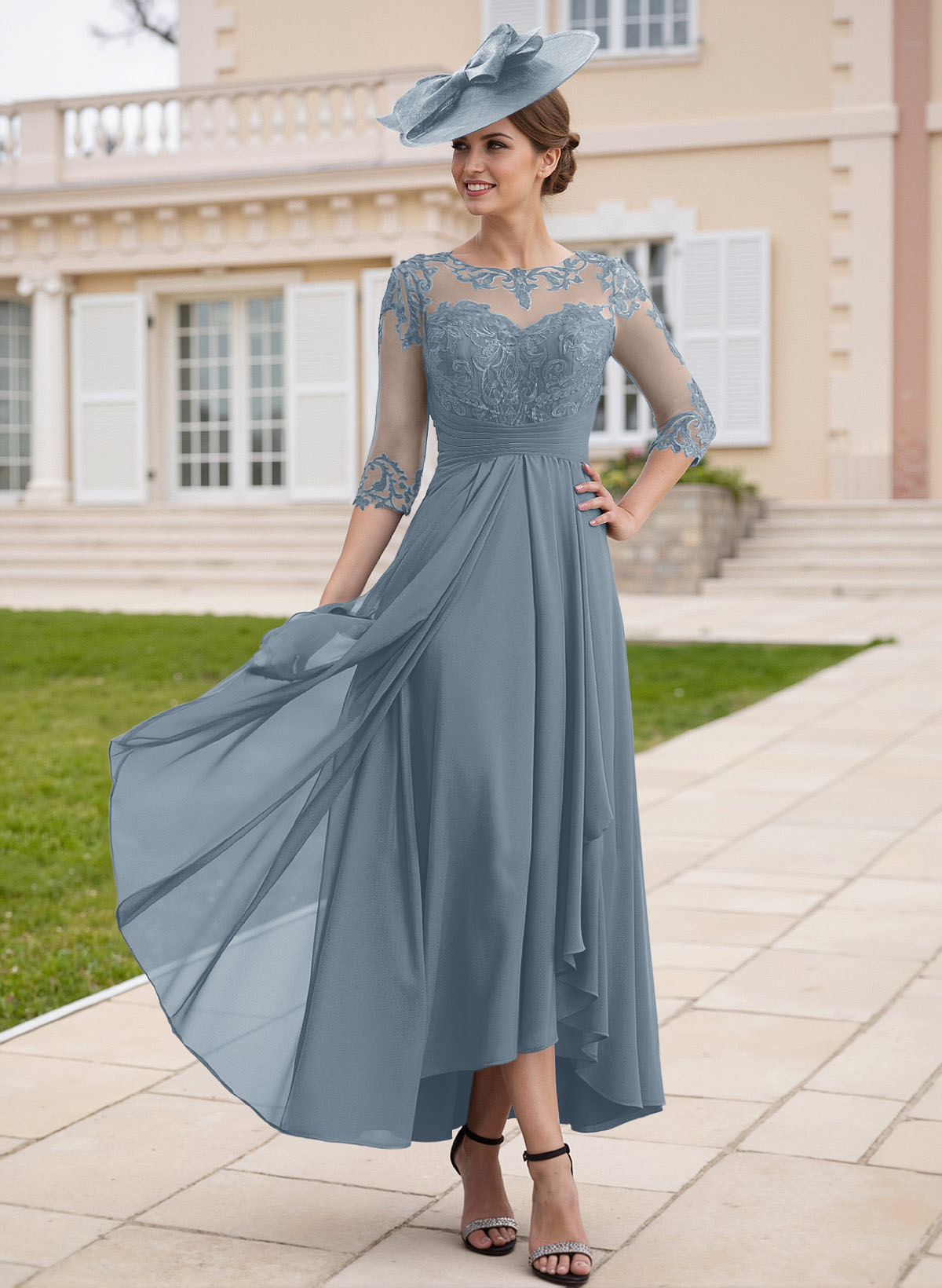 Elegant Illusion Neck A-Line Ankle-Length Lace/Chiffon Mother Of The Bride Dresses