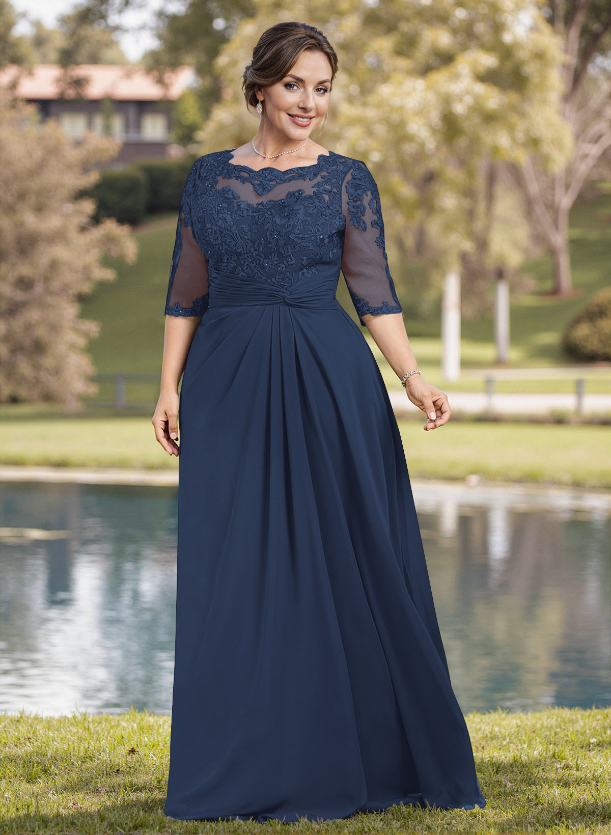 A-Line Illusion Neck 1/2 Sleeves Chiffon Mother Of The Bride Dresses With Appliques Lace