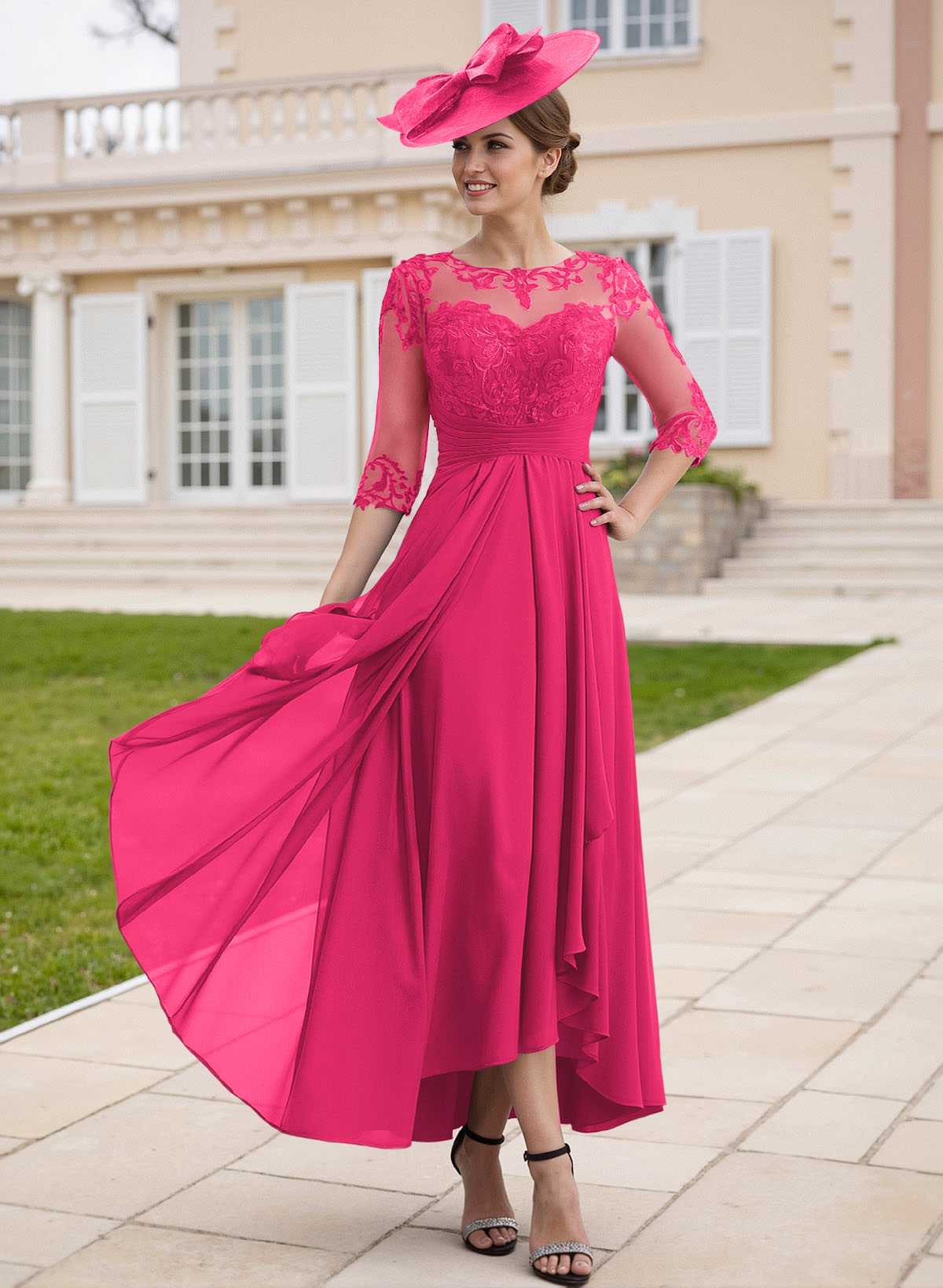Elegant Illusion Neck A-Line Ankle-Length Lace/Chiffon Mother Of The Bride Dresses