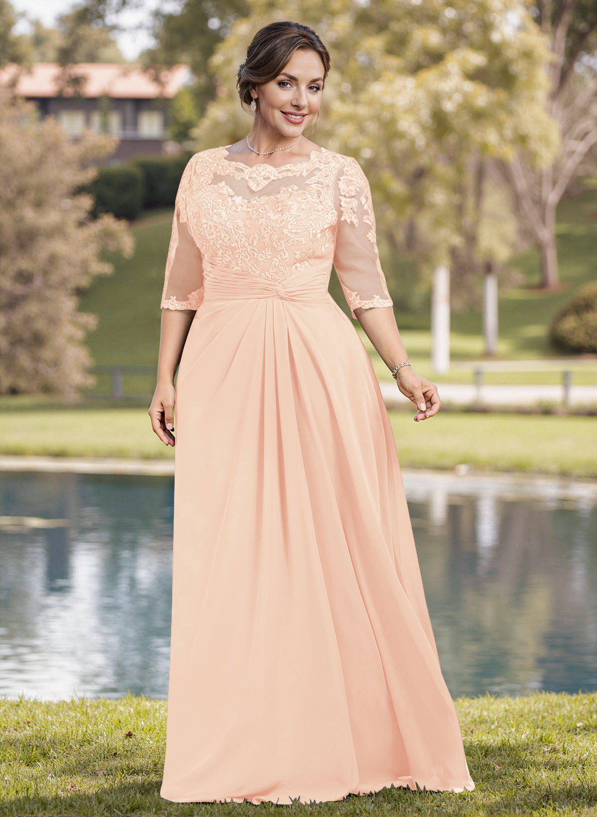 A-Line Illusion Neck 1/2 Sleeves Chiffon Mother Of The Bride Dresses With Appliques Lace