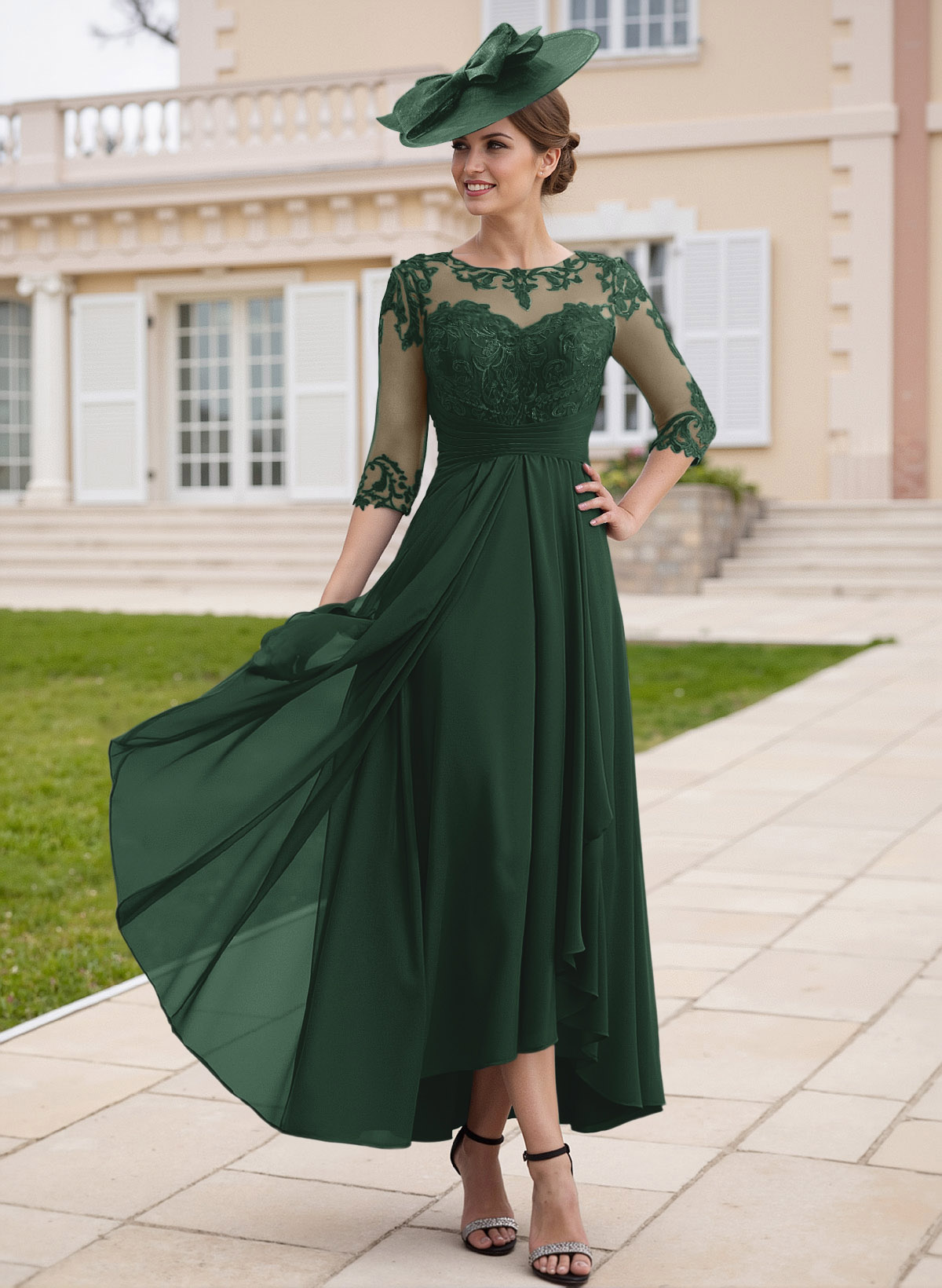 Elegant Illusion Neck A-Line Ankle-Length Lace/Chiffon Mother Of The Bride Dresses