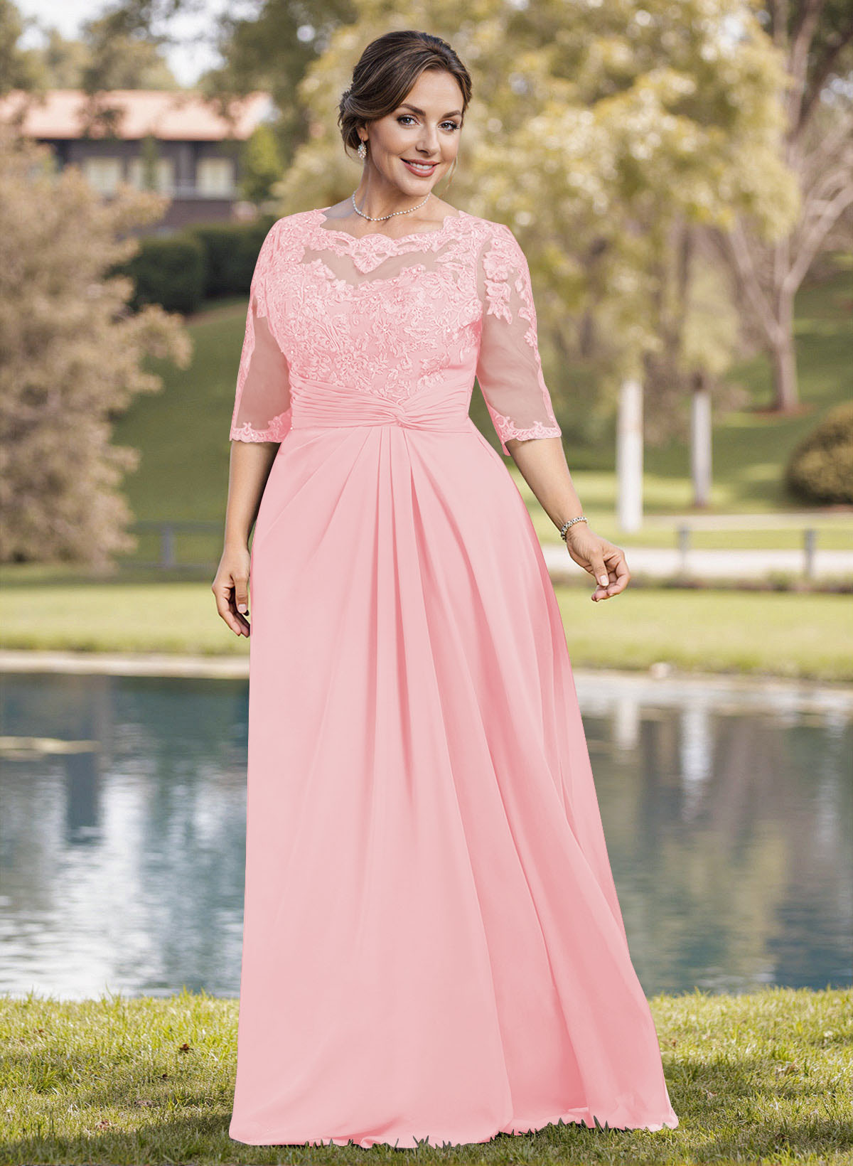 A-Line Illusion Neck 1/2 Sleeves Chiffon Mother Of The Bride Dresses With Appliques Lace