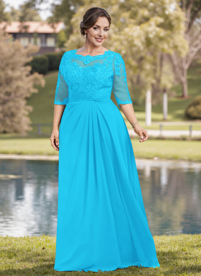 A-Line Illusion Neck 1/2 Sleeves Chiffon Mother Of The Bride Dresses With Appliques Lace