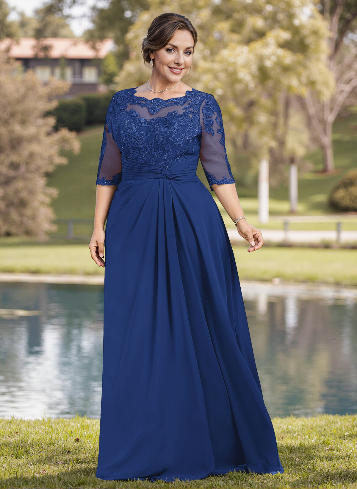 A-Line Illusion Neck 1/2 Sleeves Chiffon Mother Of The Bride Dresses With Appliques Lace