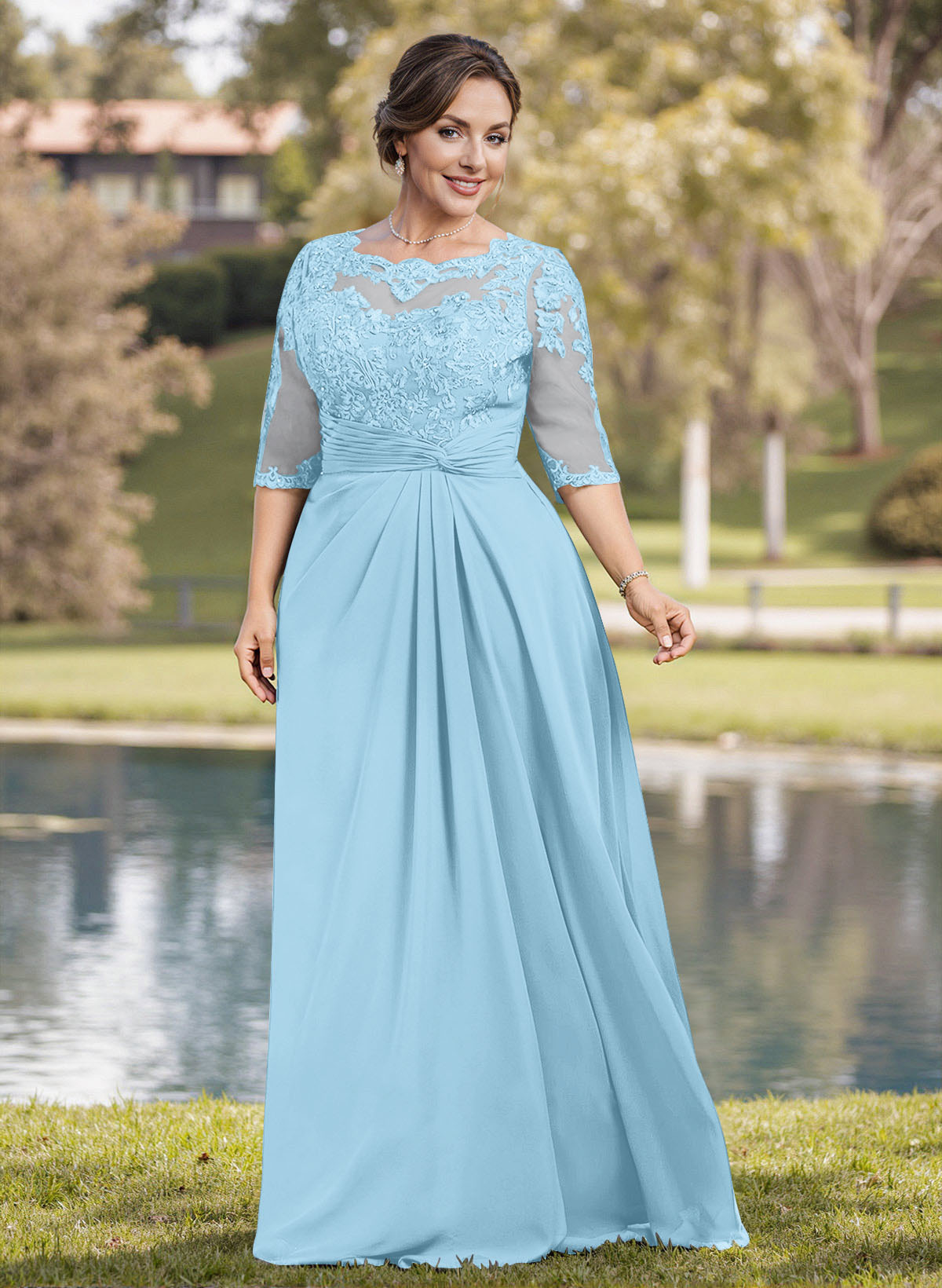 A-Line Illusion Neck 1/2 Sleeves Chiffon Mother Of The Bride Dresses With Appliques Lace