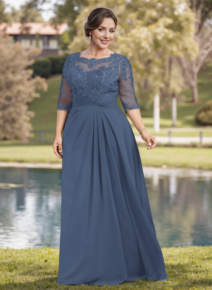 A-Line Illusion Neck 1/2 Sleeves Chiffon Mother Of The Bride Dresses With Appliques Lace