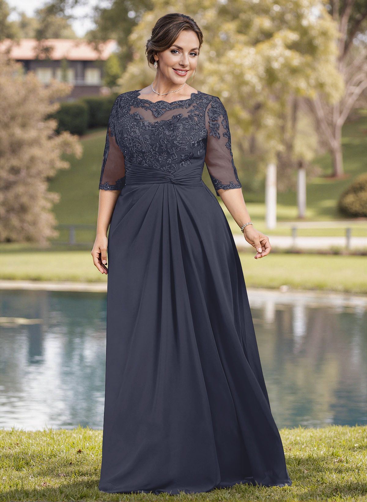 A-Line Illusion Neck 1/2 Sleeves Chiffon Mother Of The Bride Dresses With Appliques Lace