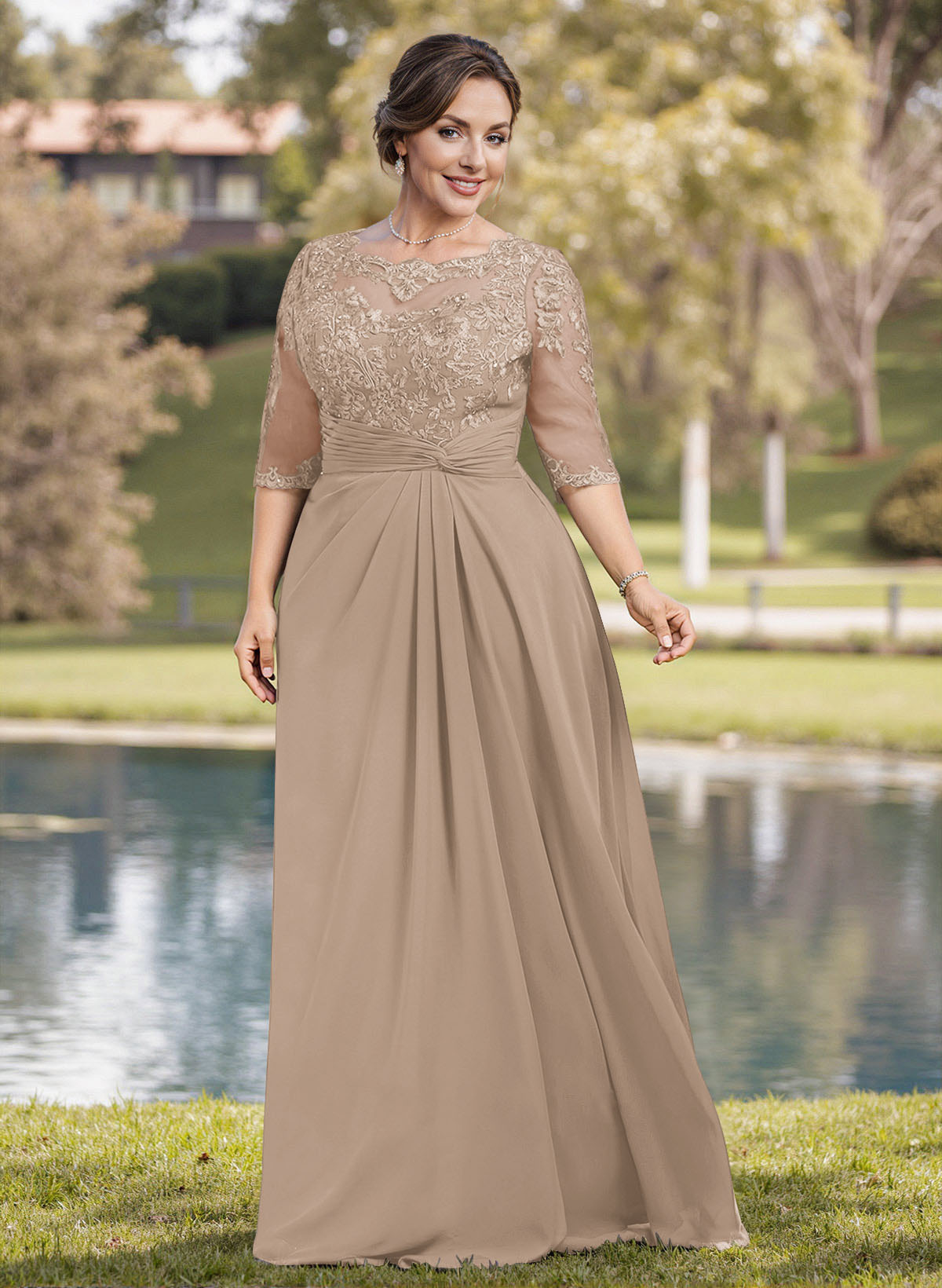 A-Line Illusion Neck 1/2 Sleeves Chiffon Mother Of The Bride Dresses With Appliques Lace